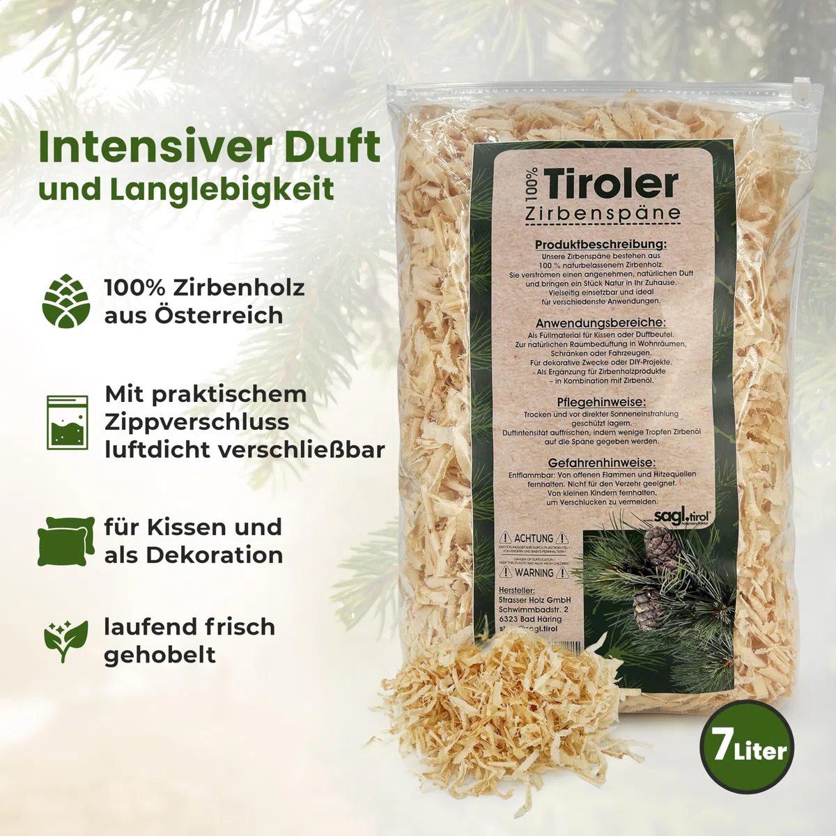 sagl.tirol Zirbenspäne Nachfüllpack für Zirbenkissen, Doppelt gesiebt, unbehandelte Zirbenholzspäne, Zirbenspäne für Kissen (7 Liter)