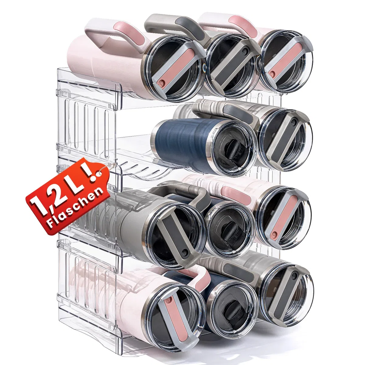 Gracenal Stapelbar Flaschenregal, Flaschenhalter für Küche Schrank Flaschen Organizer, Kühlschrank Getränke Organizer, 4 Schichten Stanley Cup Zubehör für 1,2L Flaschen