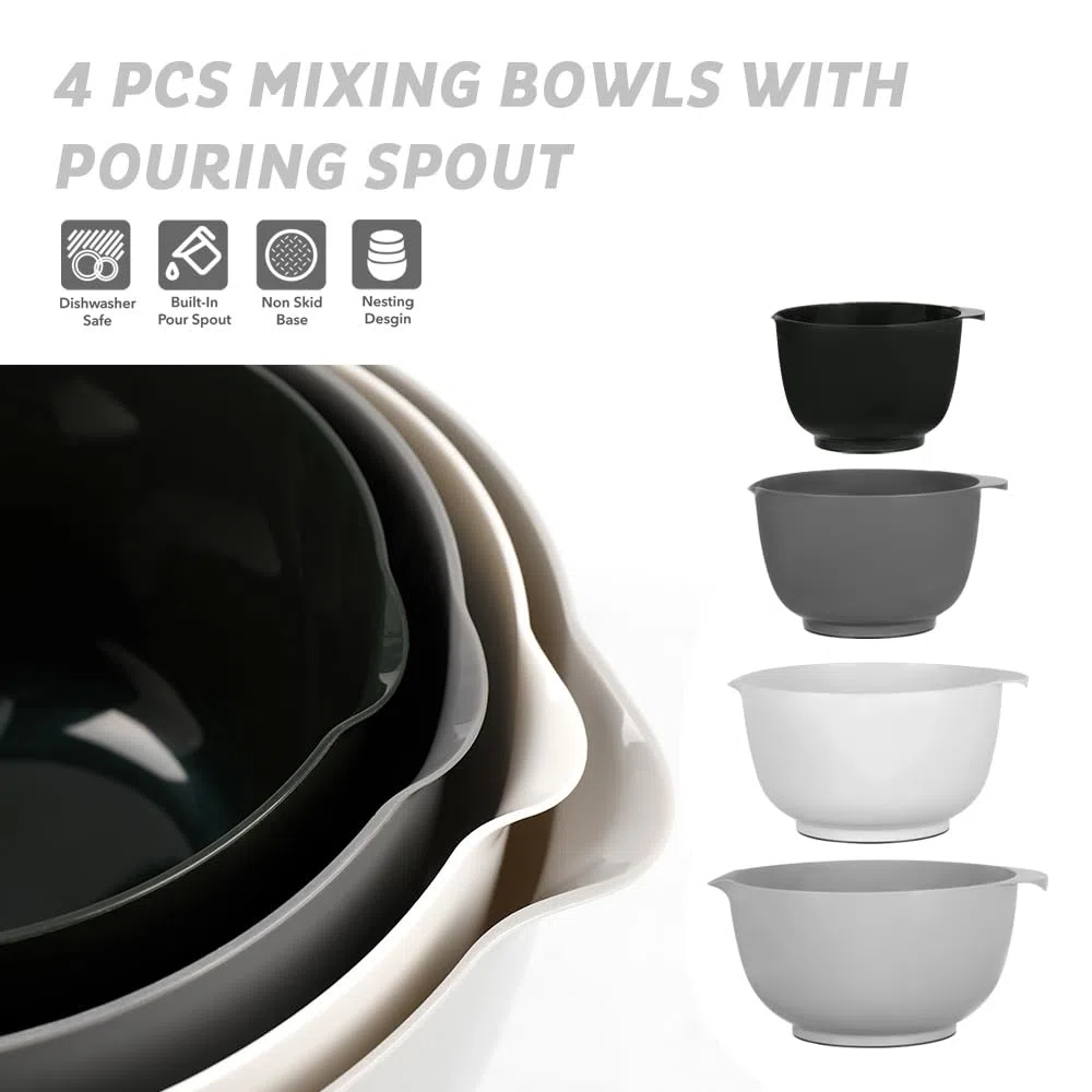 BoxedHome 4-teiliges Rührschüssel Set aus BPA-freiem Kunststoff, Grau - mit Ausgießer, rutschfestem Boden und Griff, stapelbar, spülmaschinen- und mikrowellengeeignet, ideal für Backen und Kochen