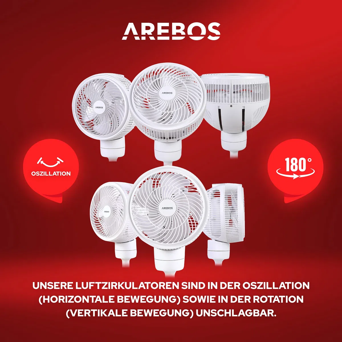 Arebos Ventilator 55W | 3D Oszillation | Ø 23cm | besonders Leise | höhenverstellbar, mit 4 Leistungsstufen, Timer & Fernbedienung