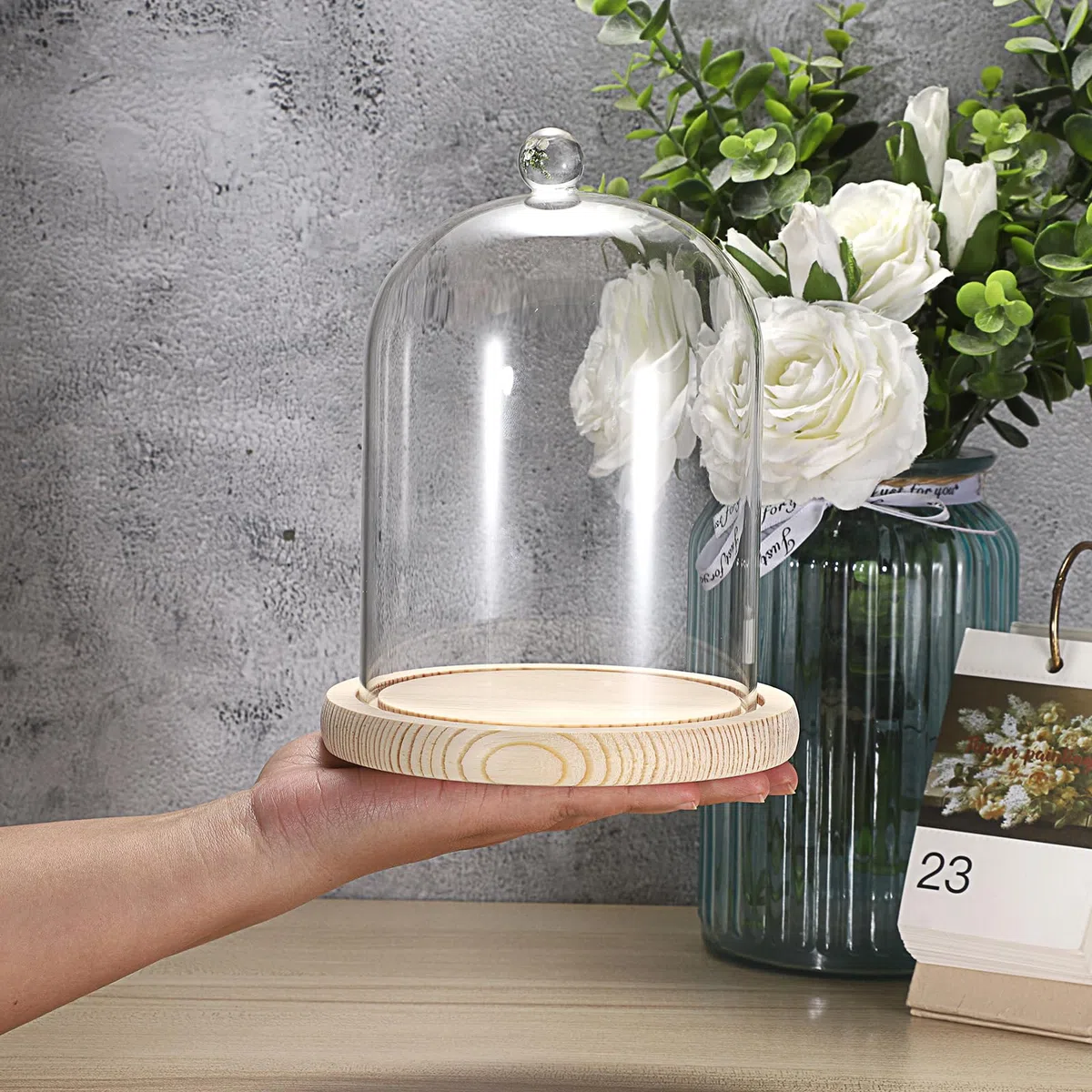 Glaskuppel mit Natürlichen Holzsockel, Griff Robust Dekoration für Rosa Aromatherapie Kerzenständer Lichtketten als Deko Geschenk für Ehefrau Tochter Mutter im Hochzeit Valentinstag Weihnacht