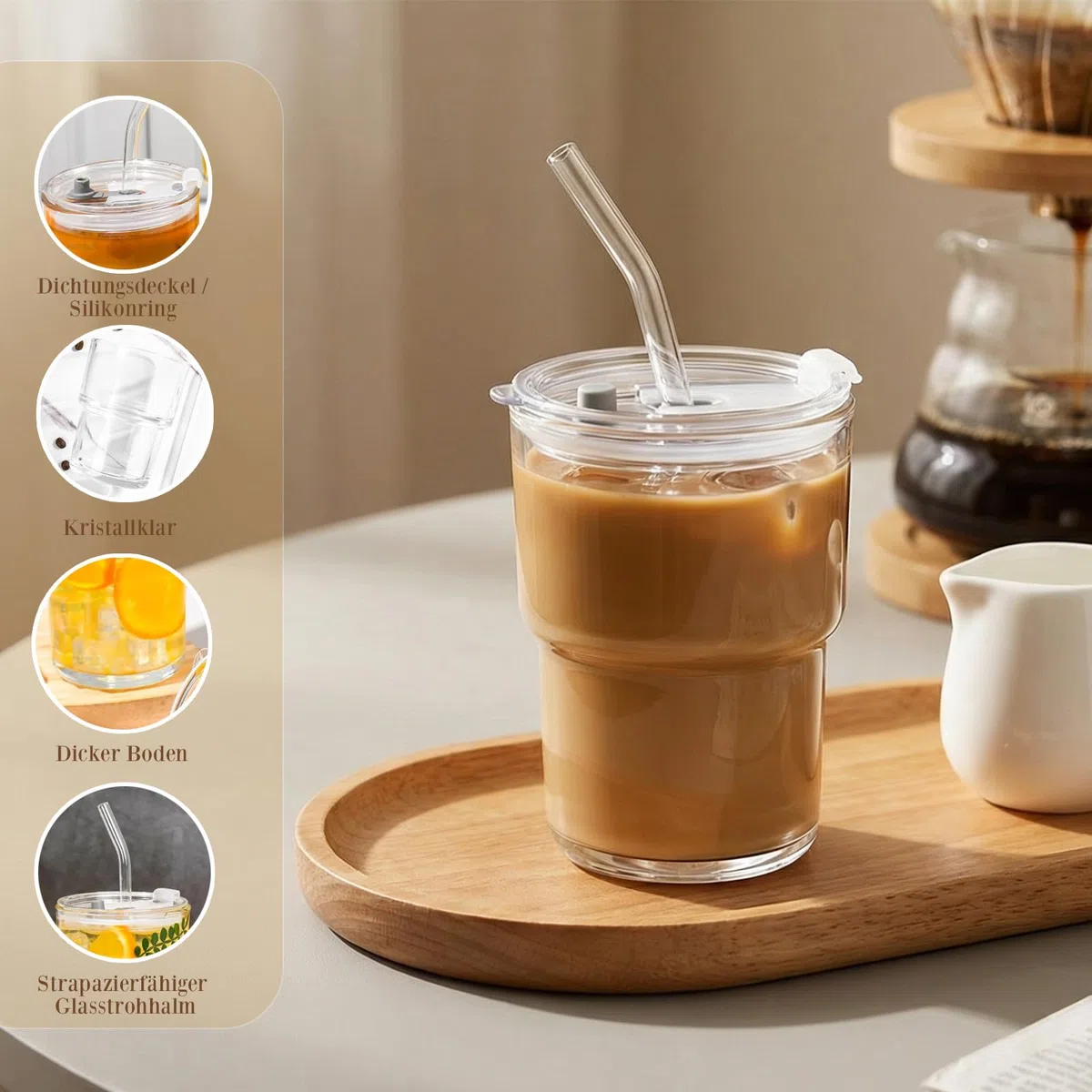 VITEVER 2 Stück 450ml Glasbecher mit Deckel und Strohhalm, Smoothie Becher mit Strohhalm, Luftdicht Wasserdicht Design Kaffeebecher Travel Mug, Eiskaffee Becher, Trinkglas