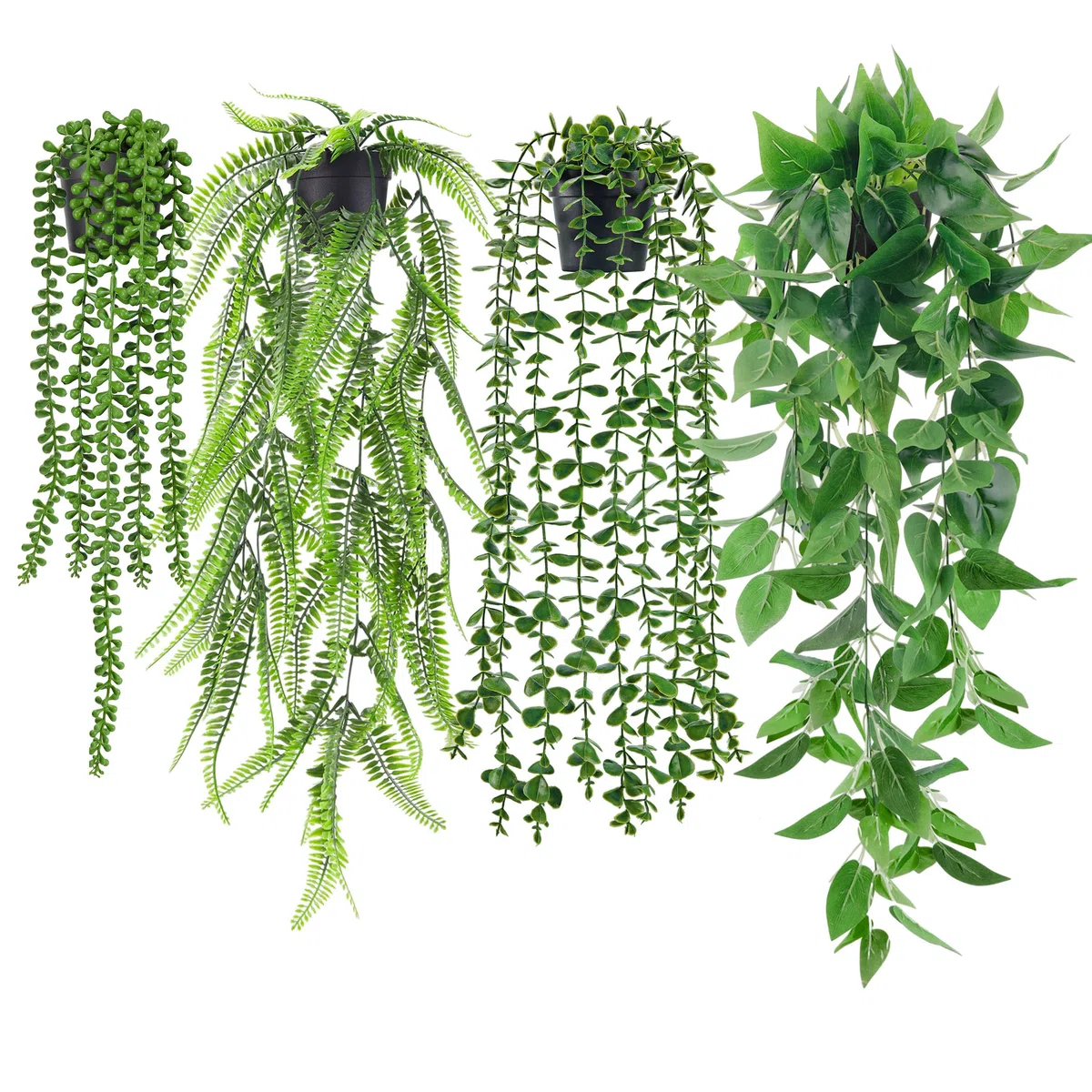 Der Rose 4 Stück Künstliche Pflanzen Hängepflanze Künstlich Kunstpflanze Hängend Fake Eukalyptus Plant, Boston-Farnen, Perlenkette für Wohnzimmer, Zimmer, Wand Deko Aesthetic Room Decor (Schwarze)