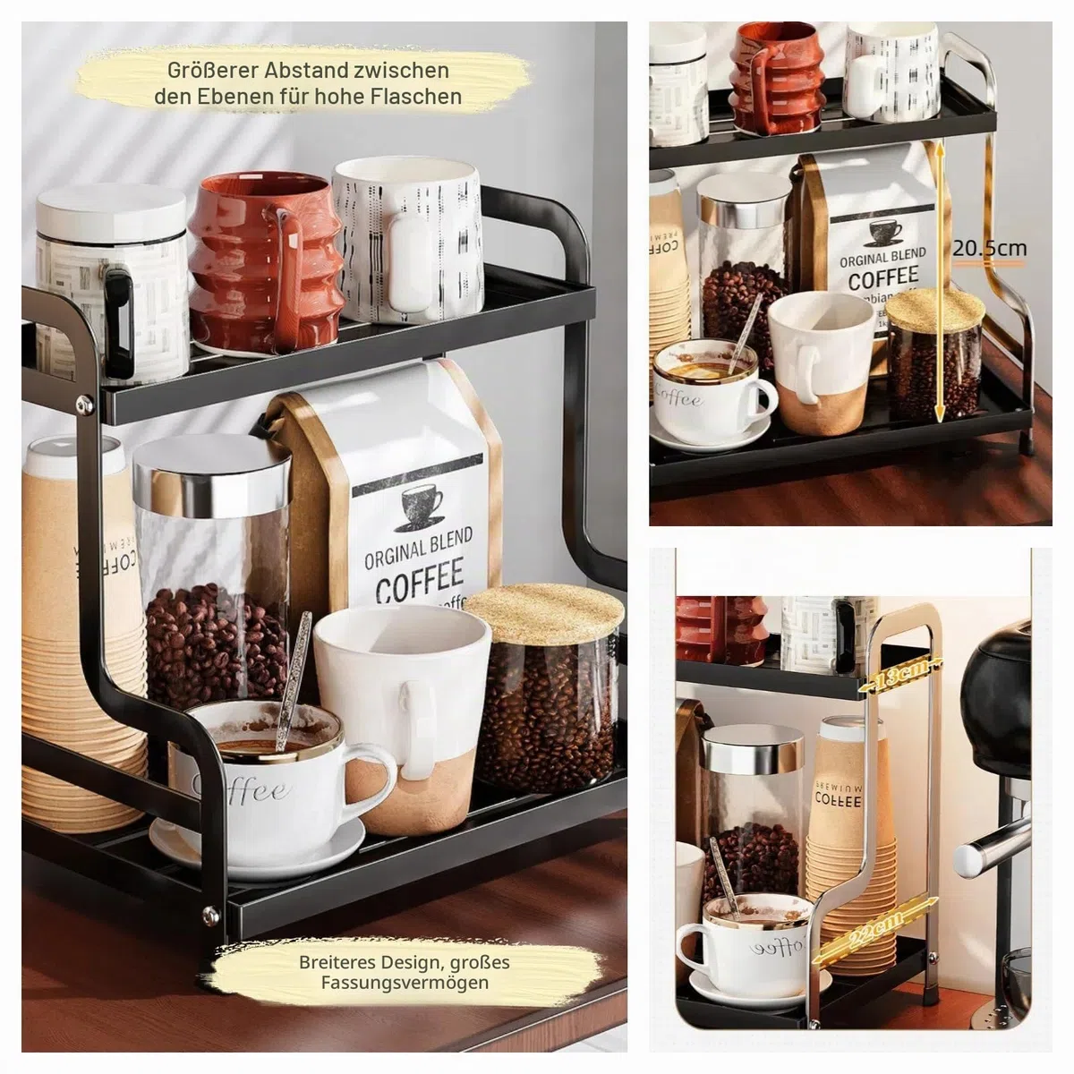 Bokelai 2-stöckiger Kaffeebar-Organizer und Zubehör, Aufbewahrungsregal für Küche, Kaffeestation, Organizer, Becherhalter, Kaffee-Gewürz-Aufbewahrungsregal, Schwarz