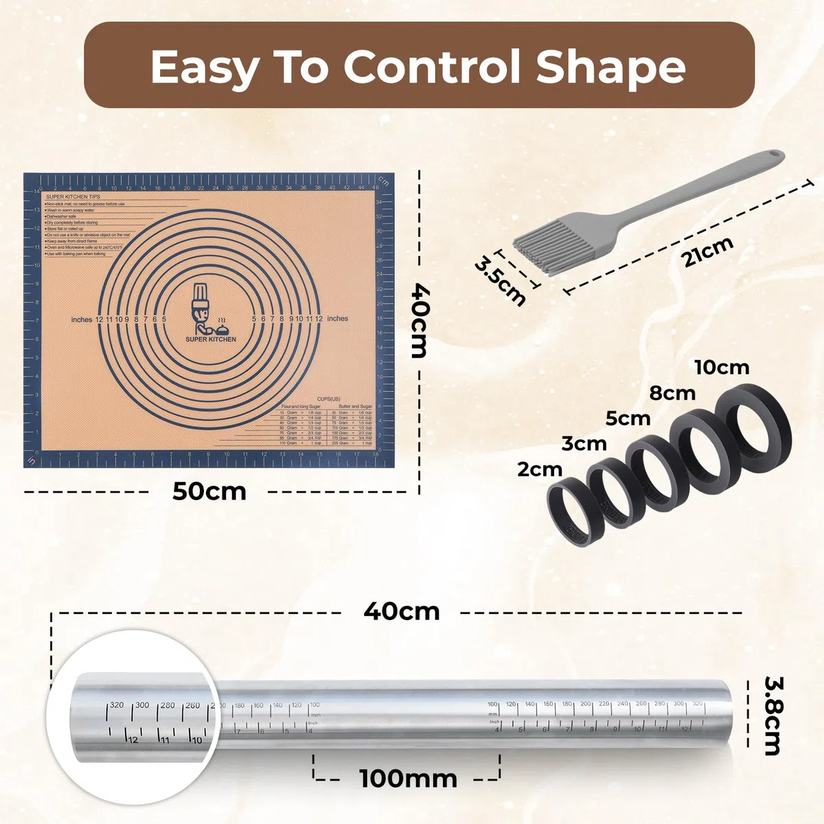 Nudelholz Edelstahl Teigroller mit Dicke-Verstellbares Ringe, Antihaft Teigrolle Rolling Pin, Backunterlage Silikon Backmatte 50x40cm Ausrollmatte Teigmatte Silikonmatte Teigunterlage für Fondant Grau