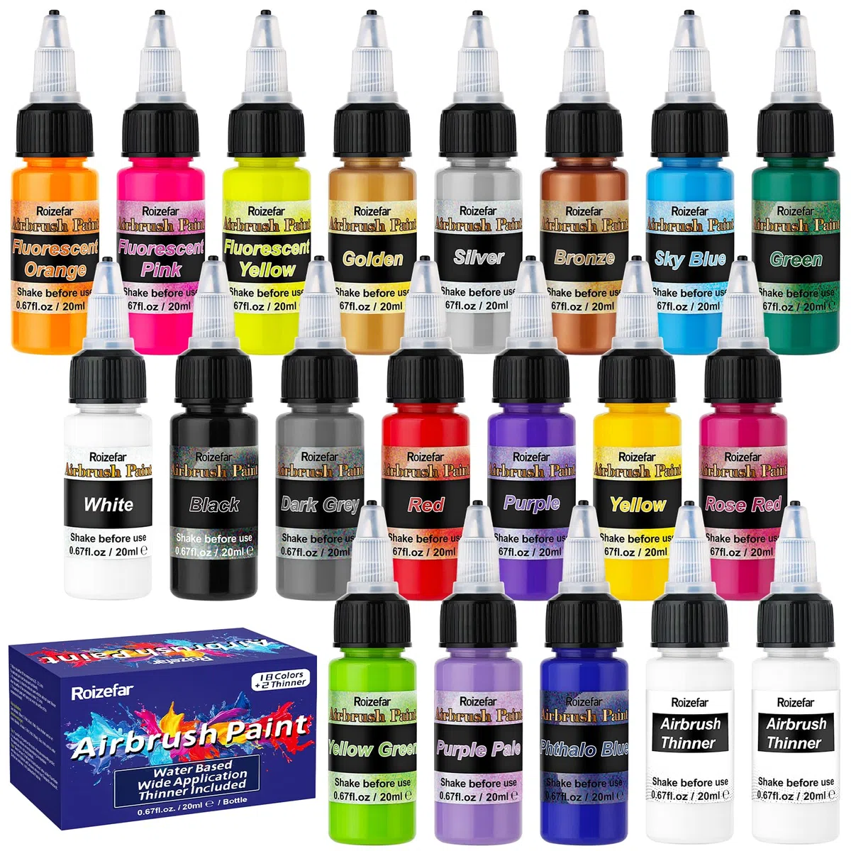Roizefar Airbrush Farben, Air brush Paint Set 18 Acrylfarben+2 Airbrush Verdünner Kombinat Airbrush-Set für DIY, Aquarell, Ölmalerei usw. Schnelltrocknend, undurchsichtig Neon Farbe 20 ml/Dose