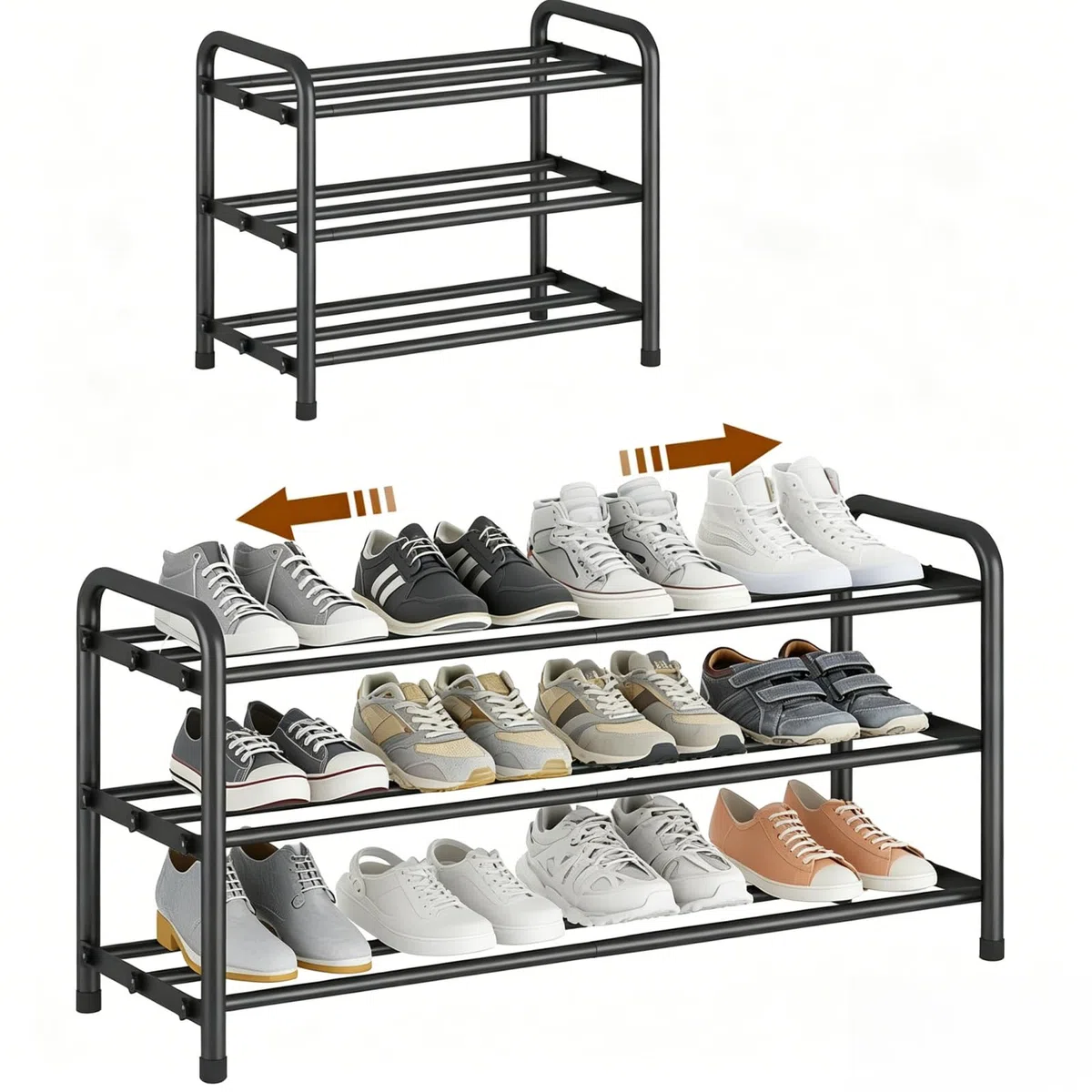 Schuhregal Platzsparend, 3 Ebenen Shoe Rack Metall, Ausziehbar Schuhablage 45 to 80cm, Klein Schuhständer Schwarz, Schmales Schuh Regal für Outdoor, Flur, Garderobe, Eingangsbereich