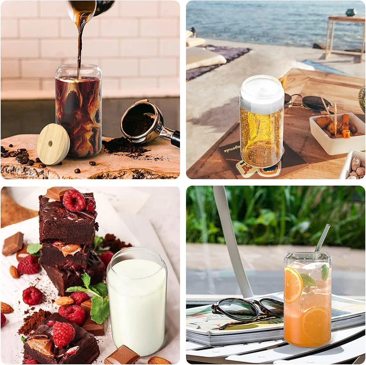 4er Set Glas mit Deckel und Strohhalm, 500ml Trinkgläser mit Deckel, Cocktailgläser Glasbecher,Iced Coffee Glas,Trinkbecher,Ideal für Cappuccino,Eiskaffee,Smoothie,Latte,Limonaden,Geschenk