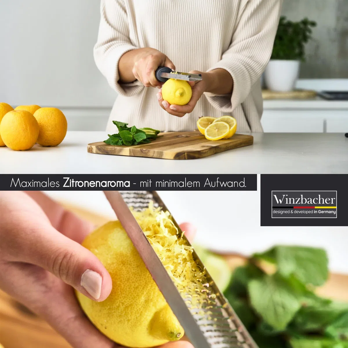 Winzbacher - Premium Zester Reibe I Parmesanreibe, Zitronenreibe, Muskatnuss Reibe, Ingwerreibe I rasiermesserscharfe Edelstahl Klinge I Spülmaschinenfest I inkl. Schutz & Reinigungsbürste