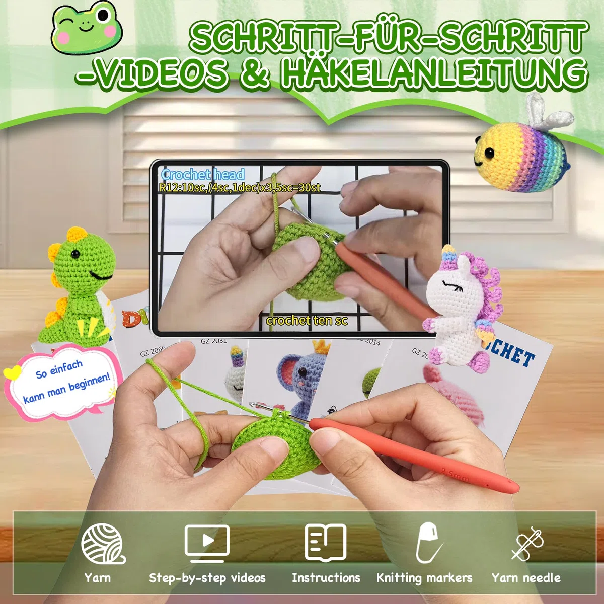 Alutaba 6Pcs Häkelset für Anfänger, Tier-Häkel-Set für Erwachsene und Kinder mit Videoanleitungen, DIY Strick-Set für Häkelliebhaber, Tolles Geburtstags- und Festtagsgeschenk Handgemachtes Geschenk