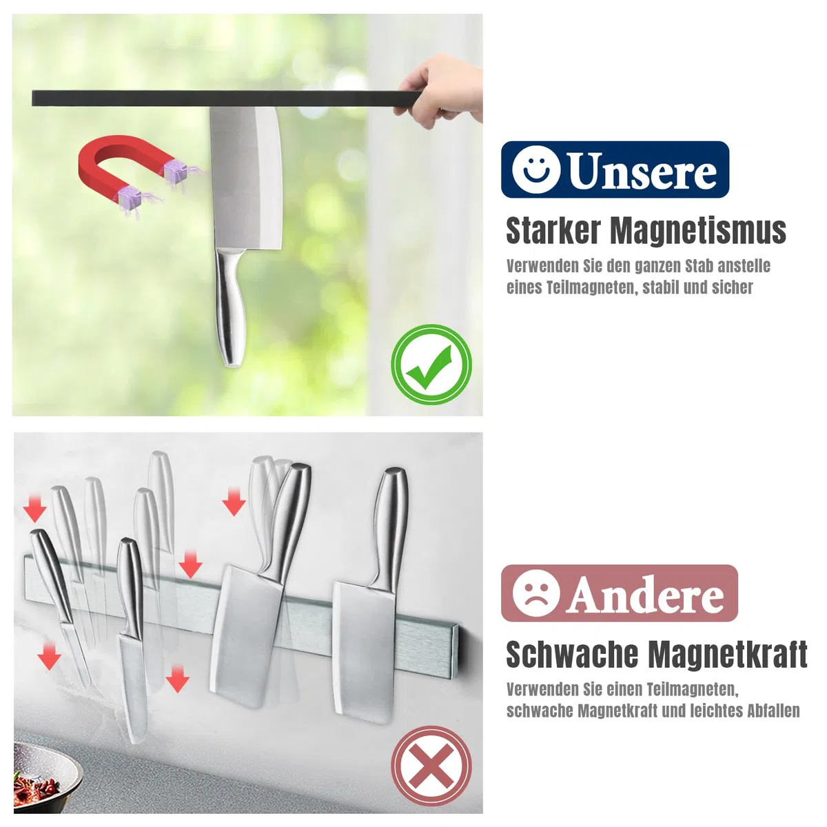 Dmore 25 cm Magnetleiste Messer mit 2 Haken, schwarzer Messerhalter magnetisch ohne Bohren, leistungsstarker Magnet Messerhalter, inklusive Klebeband und Schrauben für Messer, Utensilien und Werkzeuge