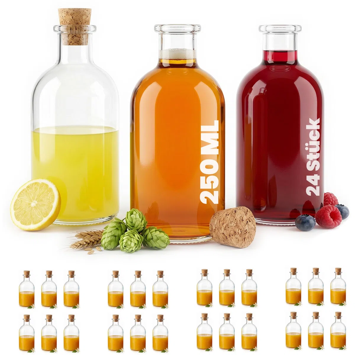 24 Glasflaschen 250ml Leere Likörflaschen 250 ml Apothekerflasche 0,25l mit Spitzkorken zum Befüllen Kleine Glas Flasche Korken Likör Schnaps Öl Essig Geschenk Weihnachten