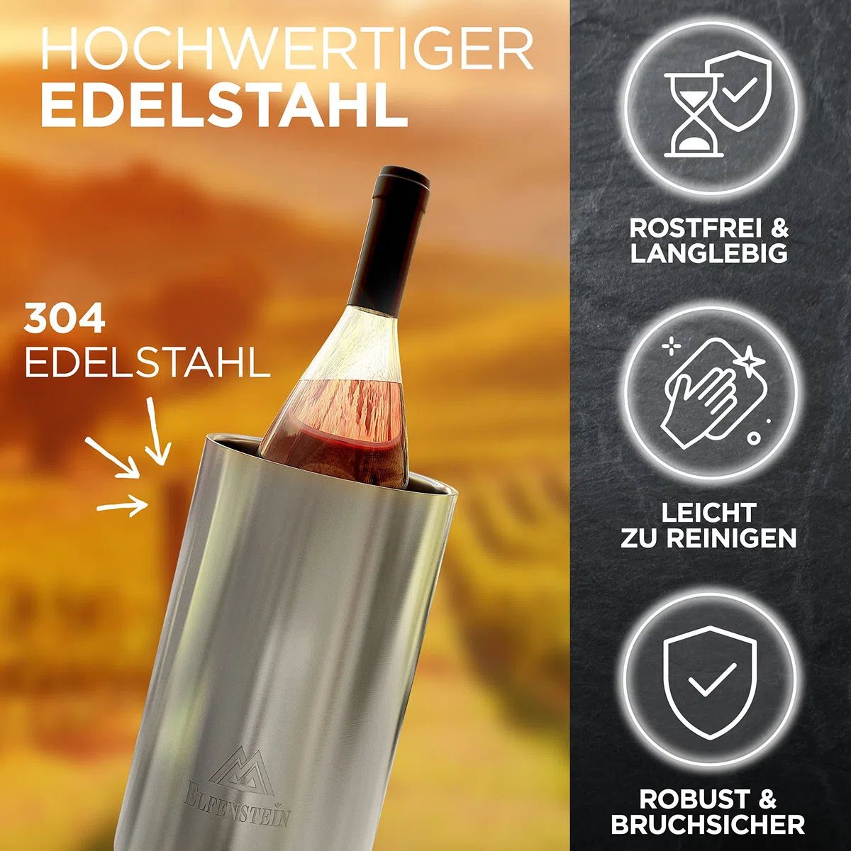 ELFENSTEIN Weinkühler Edelstahl [4h Kühlung & kratzfester Boden] Sektkühler doppelwandig, Flaschenkühler outdoor, Champagnerkühler, Getränkekühler, wine cooler, weinflaschenkühler