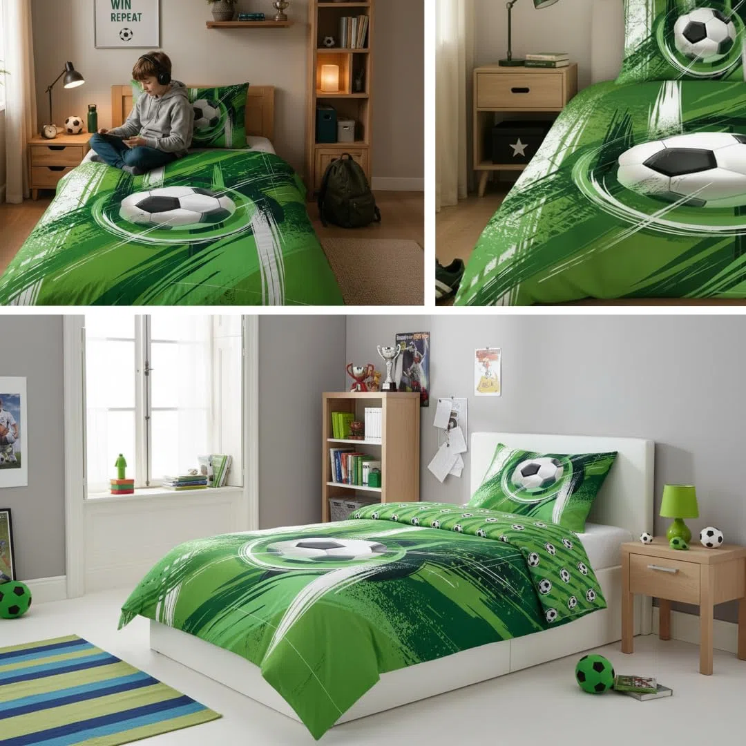 MTOnlinehandel Fußball Bettwäsche 135x200, Kinderbettwäsche 80x80 + 135x200, grün Jungenbettwäsche - Öko-Tex Teenager Bettwäsche aus Microfaser, Geschenk Idee für Jungs und Mädchen