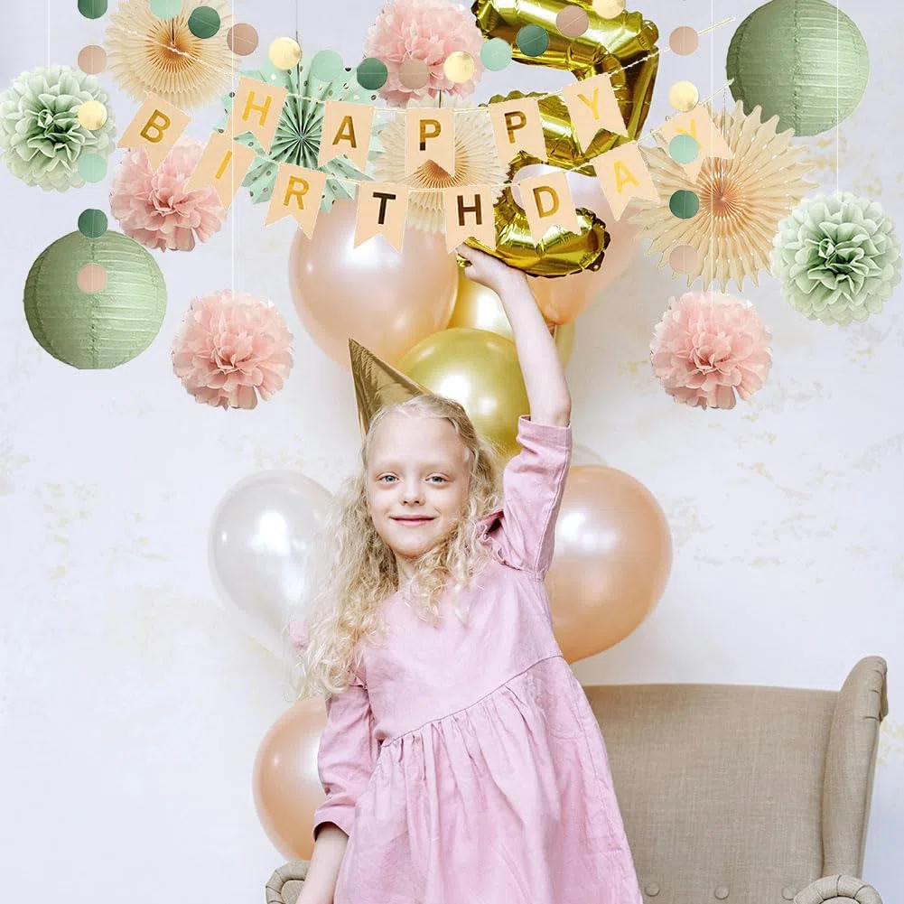 Geburtstagsdeko Salbeigrün Hellrosa Mädchen Deko Geburtstag Salbeigrün Rosa Boho Geburtstagsdeko Hellrosa Pastellgrün mit Happy Birthday Banner Beige Gold für Frauen