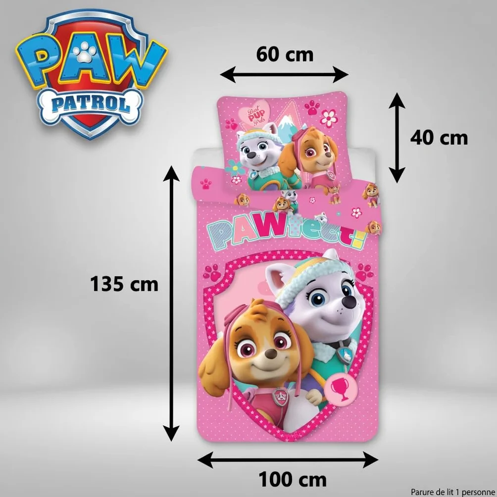 Baby Bettwäsche Set 2tlg. Paw Patrol 100% Baumwolle 100x135 cm, 40x60 cm, Skye und Everest | Wendbare Baby-Bettwäsche | Naturbaumwolle weich atmungsaktiv | Nickelodeon | Mädchen 0-3 | Kinderbett | Maschinenwaschbar