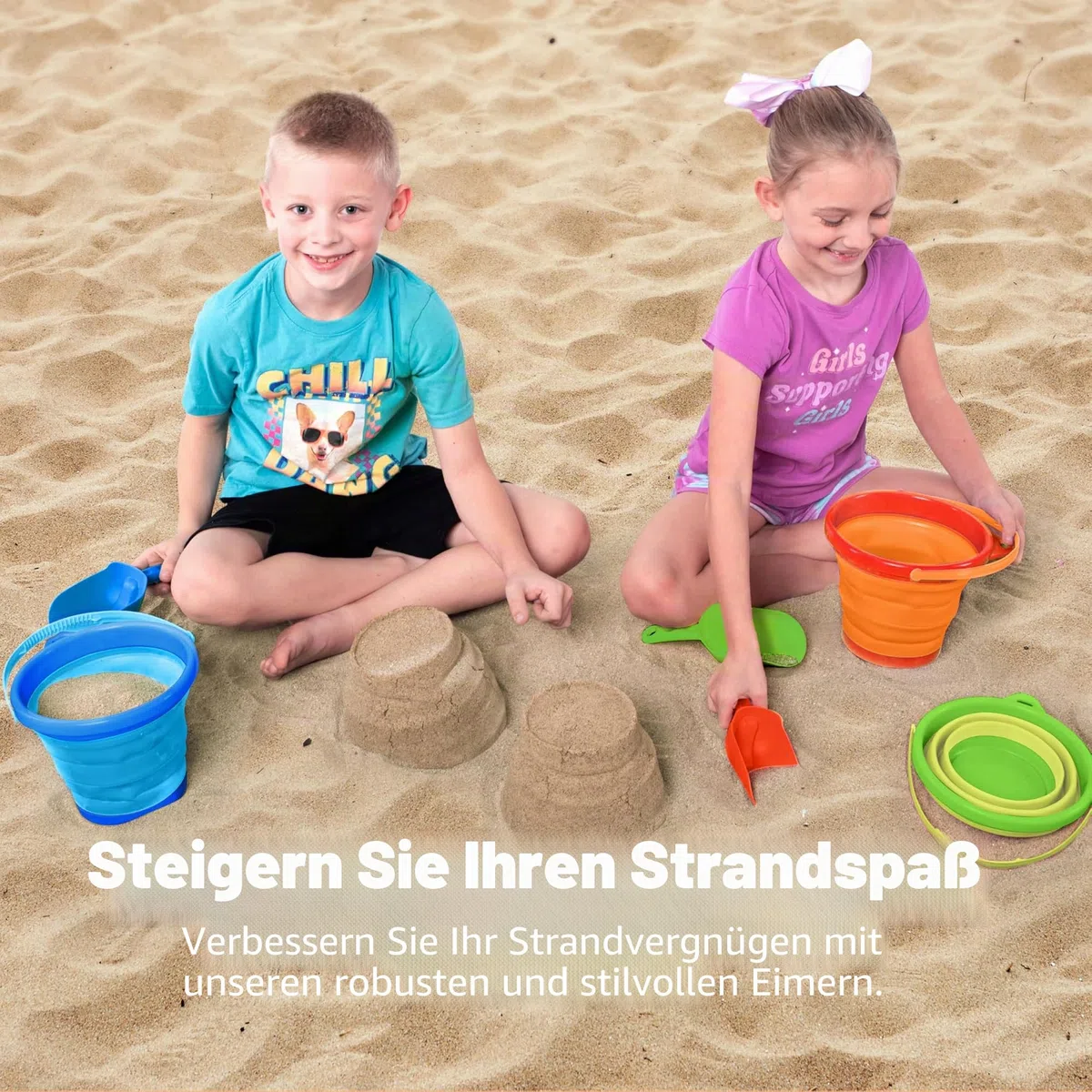 JOYIN 3 Pack Runde, Faltbare Eimer mit Schaufeln und Netzbeutel, Faltbare Eimer für Verschiedene Zwecke am Strand (Orange/Blau/Grün)