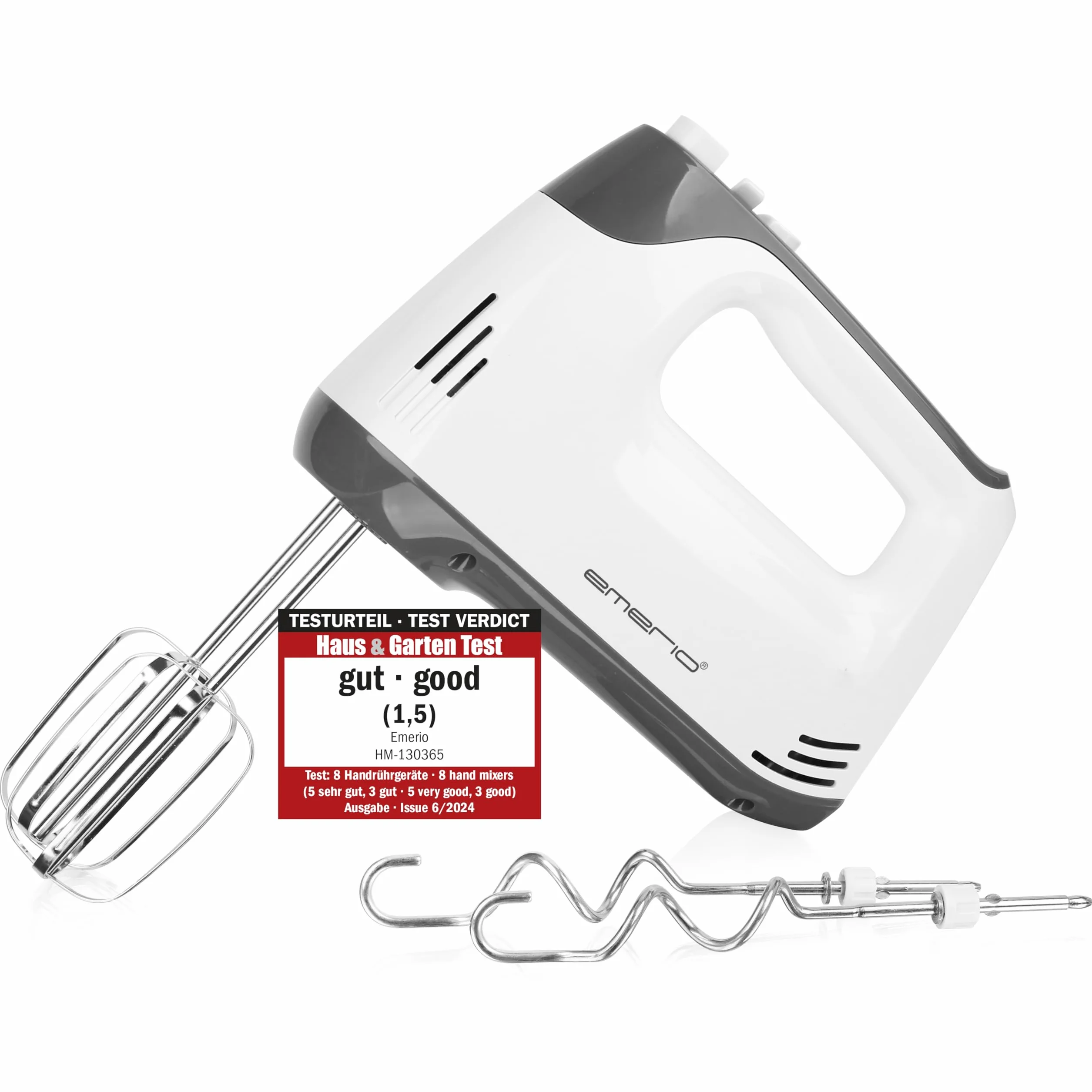EMERIO elektrischer Handmixer Handrührer Mixer Handrührgerät mit 400 Watt 5 Geschwindigkeiten & Turbotaste extra lange Schneebesen + Knethaken aus Edelstahl (geschirrspülgeeignet) BPA-frei HM-130365