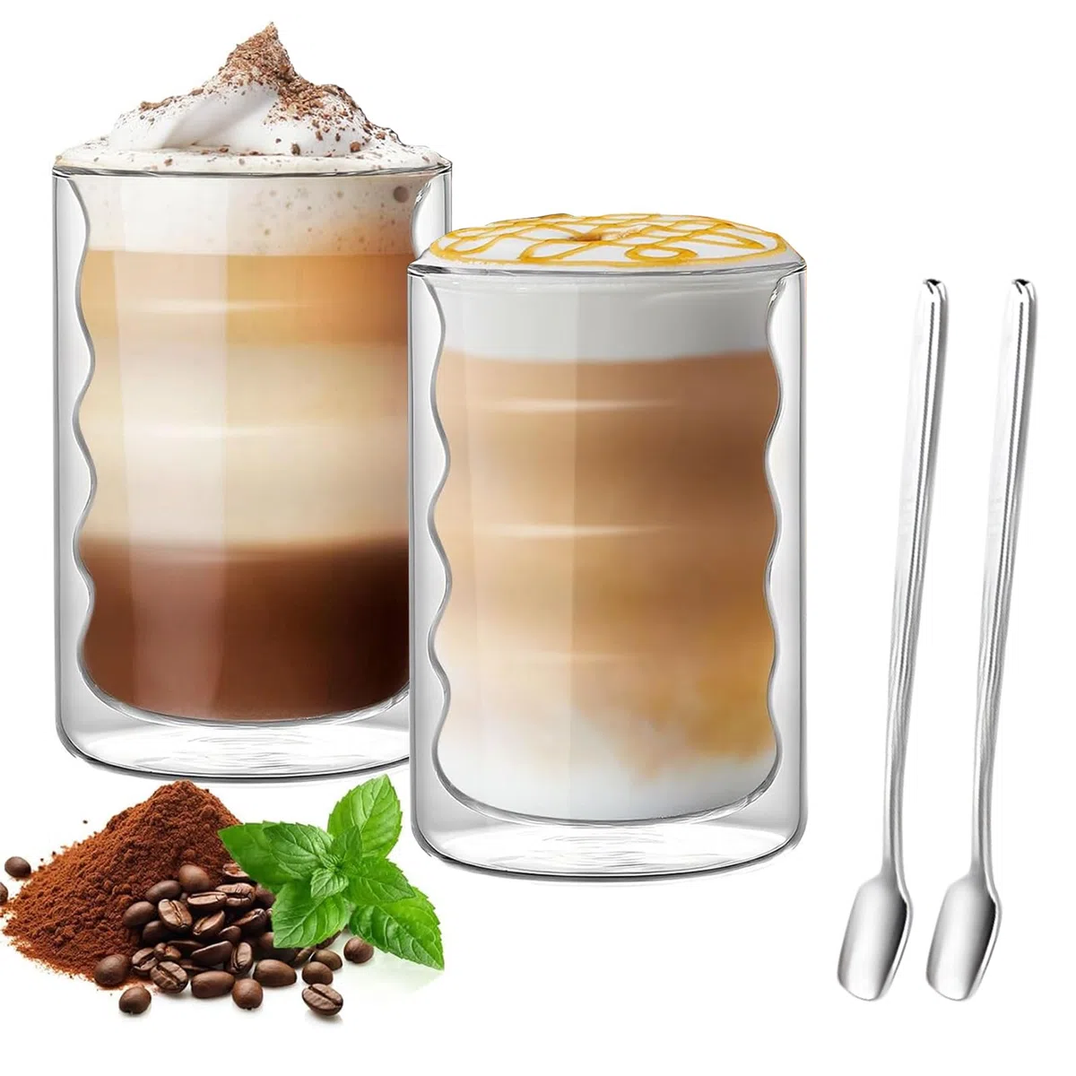 Latte Macchiato Bubble Gläser Set, 2 x 400ml Doppelwandige Bubble Kaffeegläser mit 2 Löffeln, cappuccino Thermogläser für Latte Macchiato, Tee, Milch, Bier
