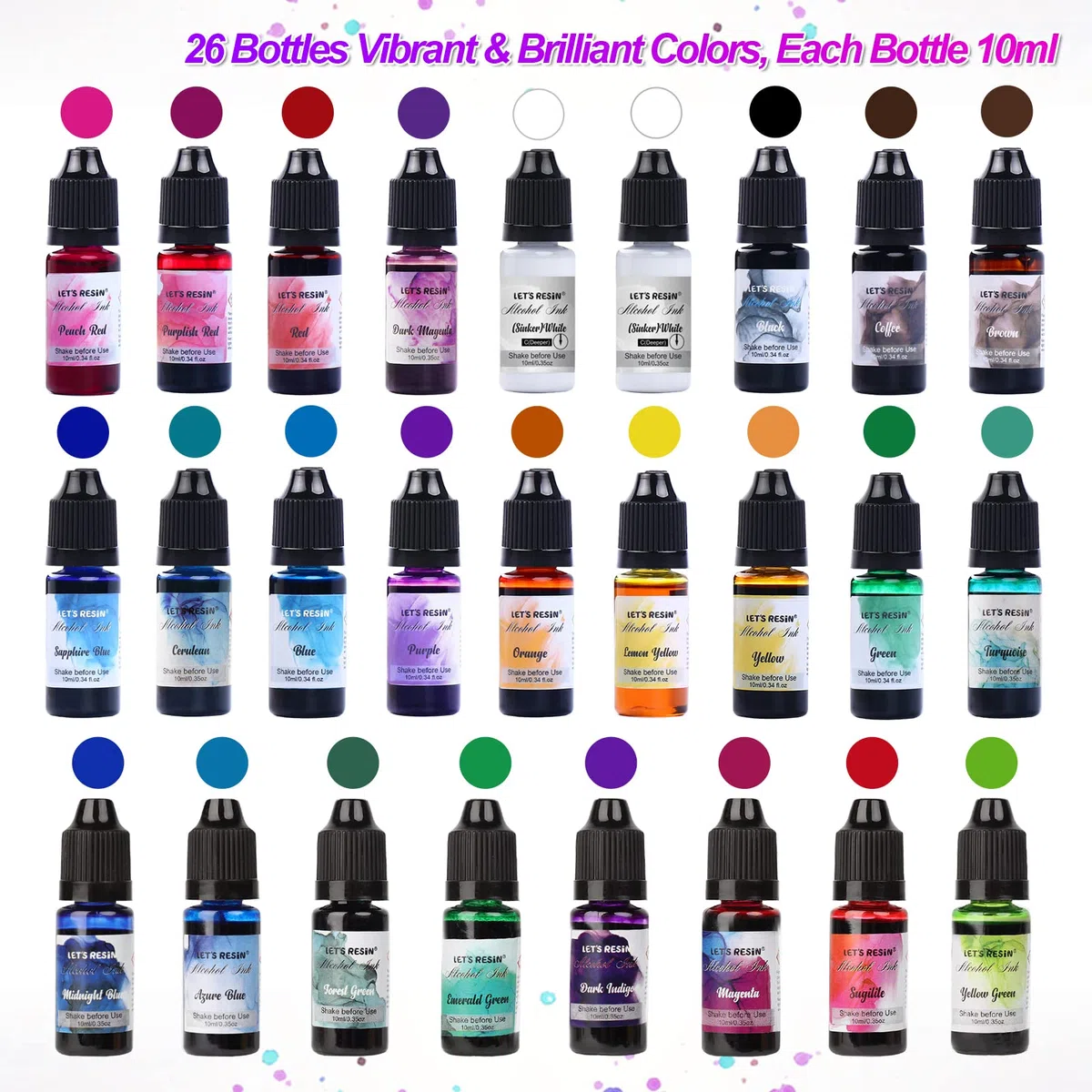 LET'S RESIN Alkohol Tinte Set - 26 Farben Alcohol Ink zur Epoxidharz Malerei, Hochkonzentrierte Tinte auf Alkoholbasis, konzentrierte Epoxidharzfarbe Farbstoff für Harz Kunst, Malen - je 10 ml