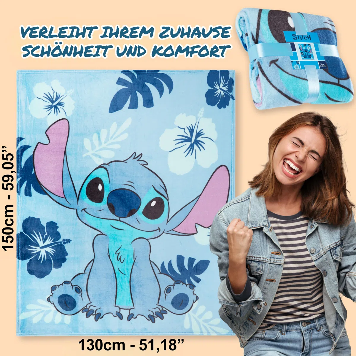 Disney Stitch Fleecedecke Klein Warme Kuscheldecke Flauschig Wohndecke Bunt für Bett, Couch Gemütliche Winter 150x130cm Stitch Geschenke (Hellblau Stitch)