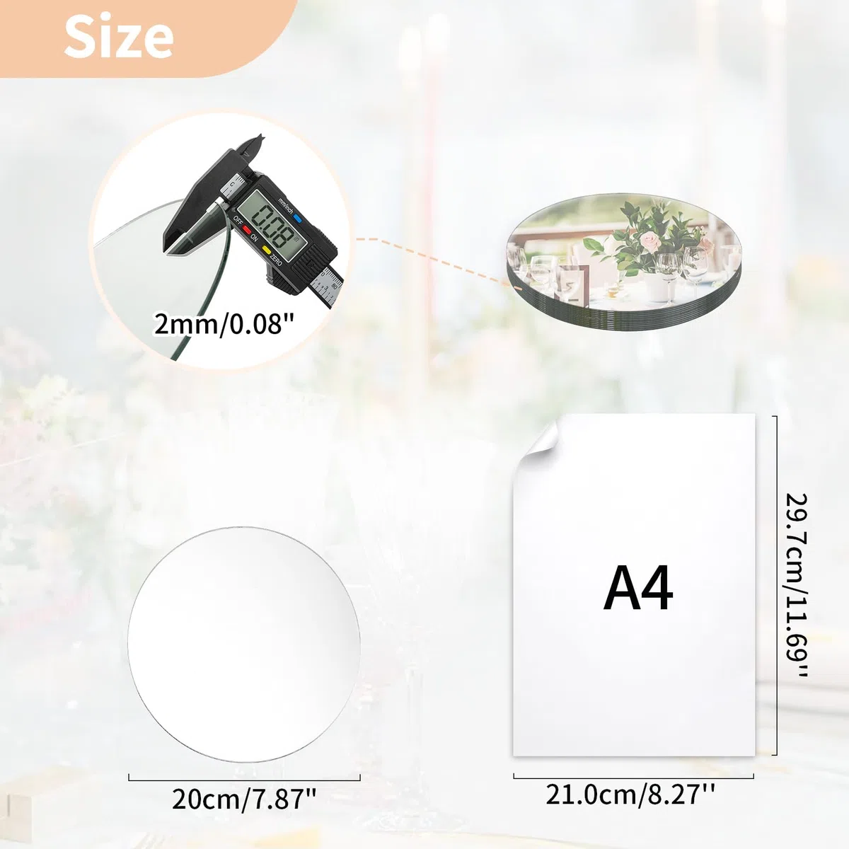 NUPTIO Runder Spiegel Spiegelplatte Glas - 20 cm 6 Stück Runde Tabletts Kerzen Platten Kreis Untersetzer Hochzeitstisch Tisch Tafelaufsätze Hochzeitsdekoration Hochzeitsdeko Home Dekoration