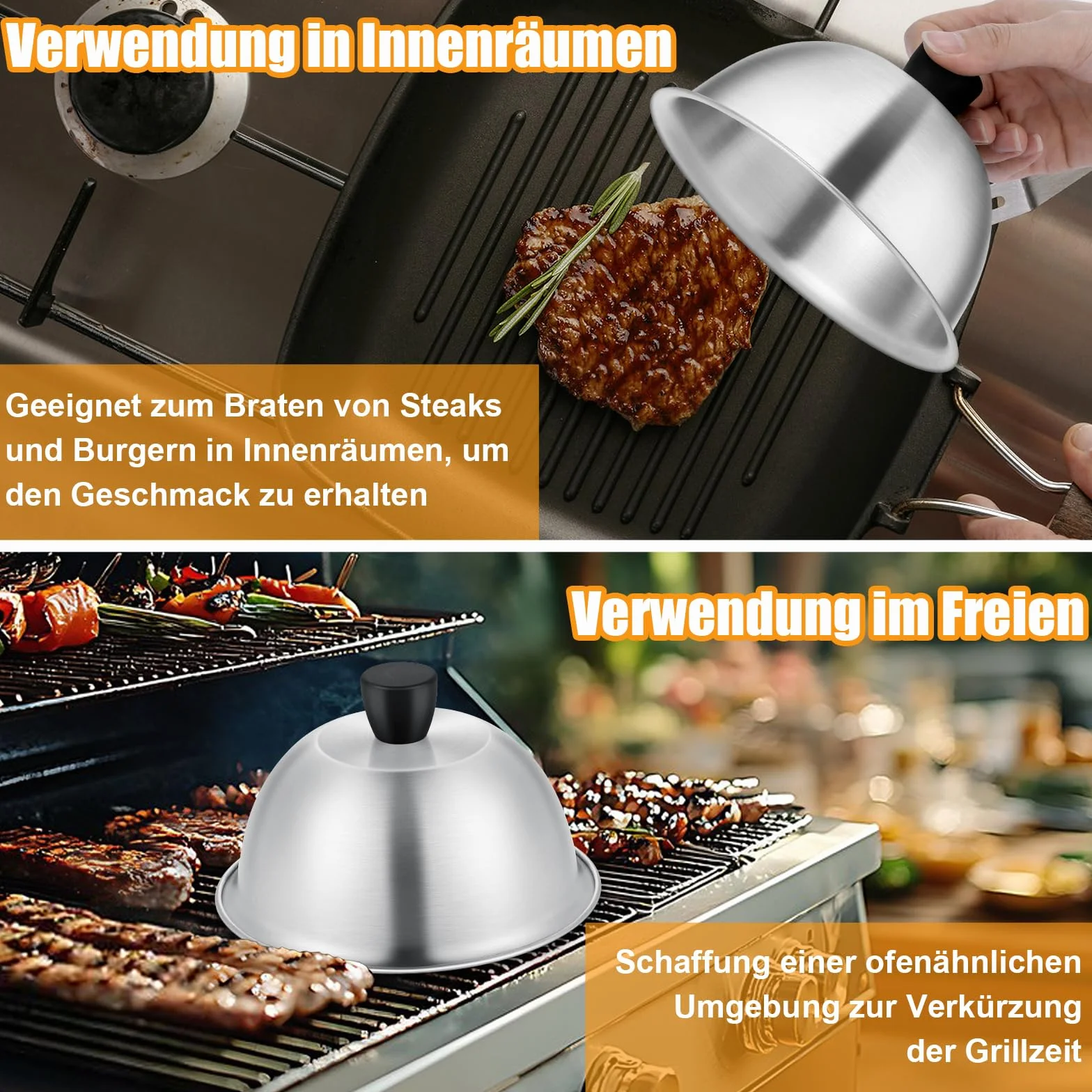 TEAMFAR Burgerglocke, 4 Stück Edelstahl Burger Glocke, Grillglocke Burgercover mit Hitzebeständig Silikongriff, Klein Burgerhauben Schmelzglocke für Grill Teppanyaki & Küche Kochen, Innen & Außen