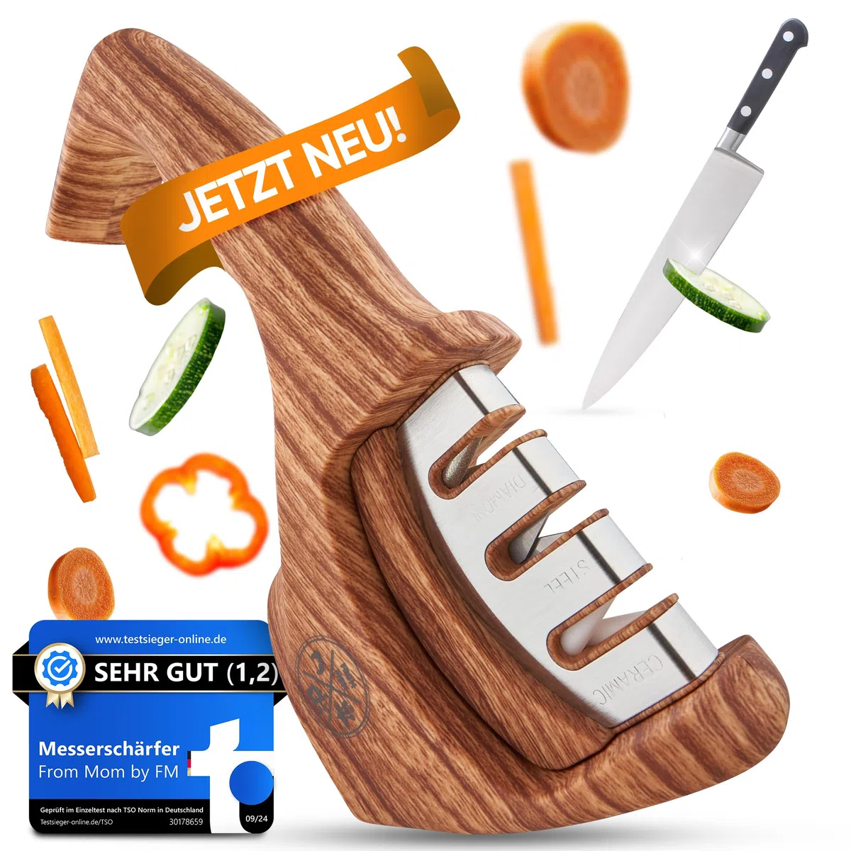 Diamant Messerschärfer Profi [3-in-1] – Testsieger Messerschleifer | manuell Messer schärfen & schleifen | Knife Sharpener mit 3 Stufen System (Diamant, Stahl, Keramik) – Das Original From Mom by FM