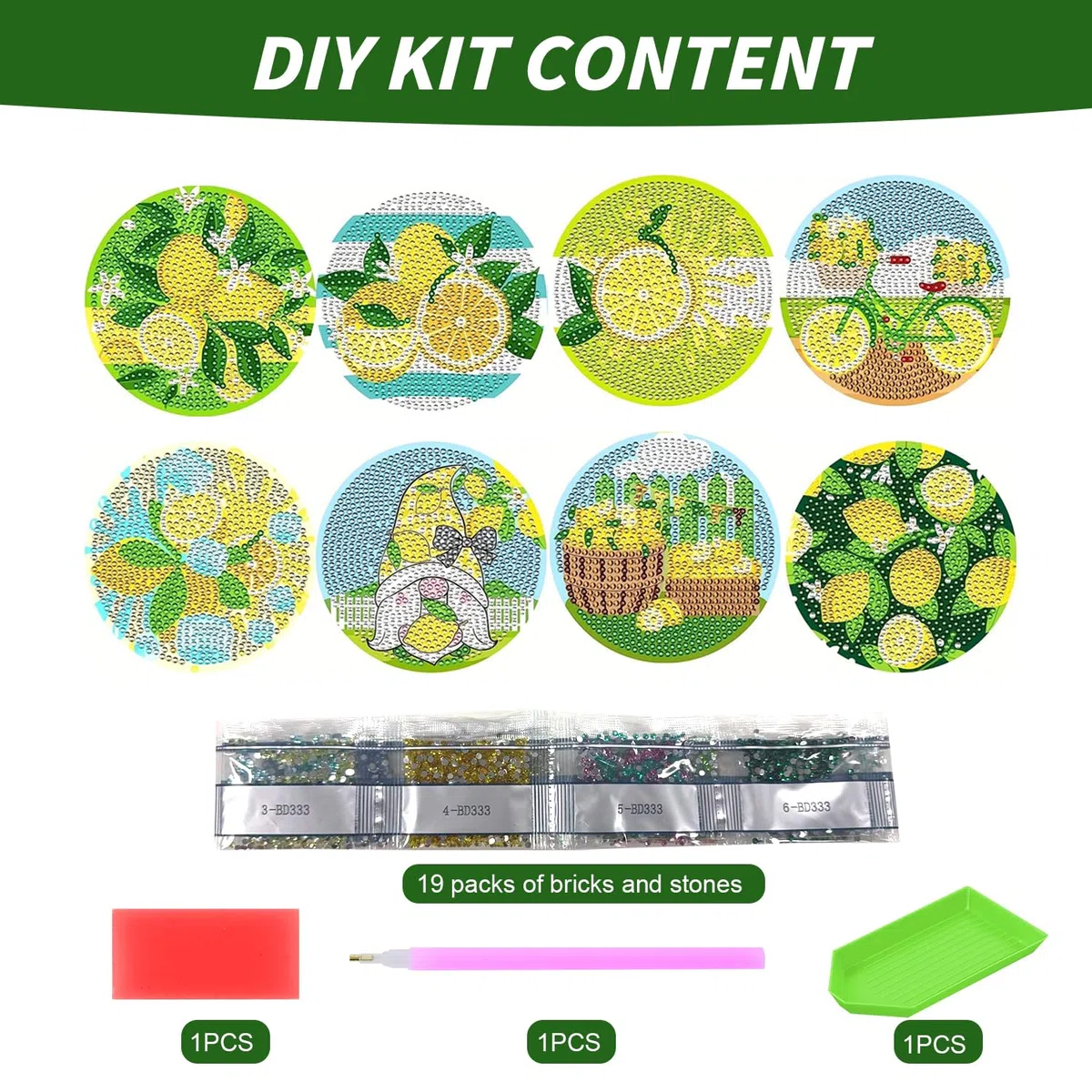 Diamond Painting Klein, Diamond Painting Erwachsene Set Diamond Painting Kit Acryl Untersetzer mit Halter, Bastelset für Erwachsene Kinder Anfänger, Zitronenmuster 10x10cm 8 Stück