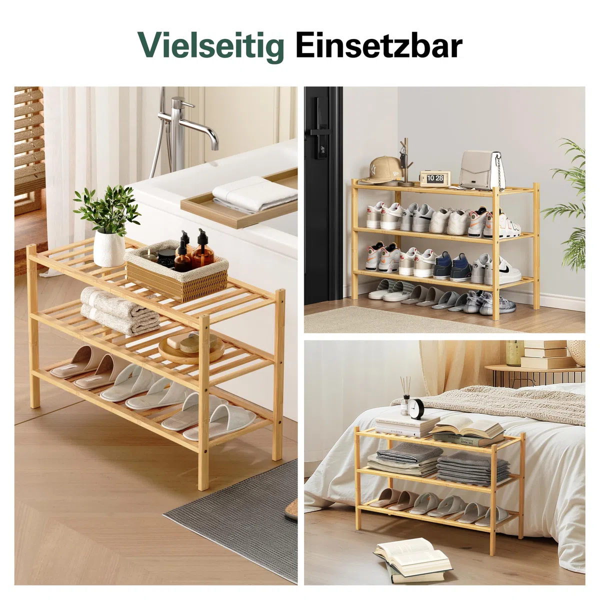 Bambus Schuhregal 3 Ebenen – Schuhschrank schmal platzsparend Holz 68x28x46 cm – Schuhablage Schuhaufbewahrung klein – Schuhständer für Flur Eingangsbereich (Bambus)