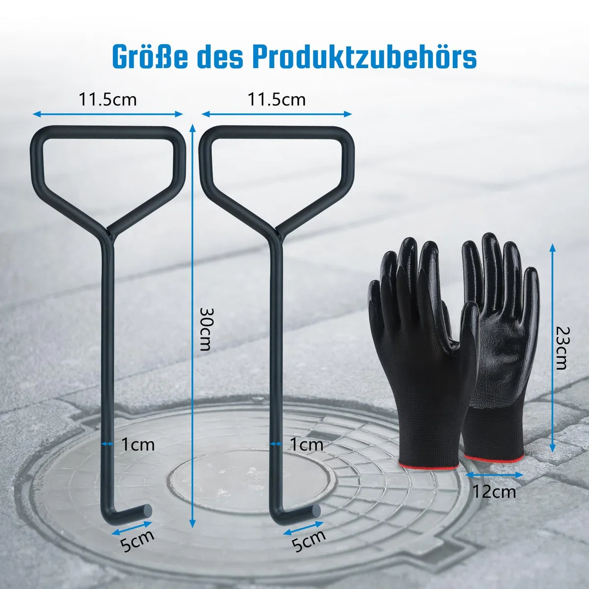 2 Stück Kanaldeckelheber 30cm, Schachthaken aus schwarzem Kohlenstoffstahl, Gullideckel haken für Kanal- und Abflusshaken, Schachtdeckelheber wird mit einem Paar Handschuhen geliefert