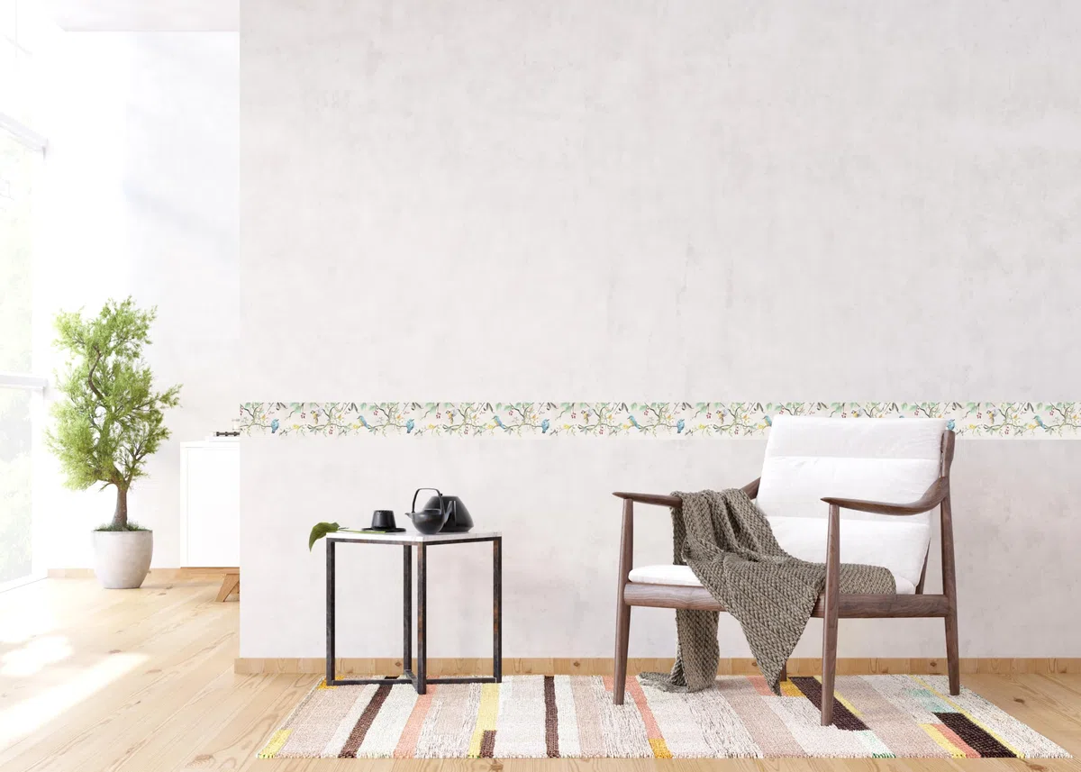 AG Design Selbstklebende Bordüre Beige Frühlingsvögel, AWB 8500 | Wasserfest Dekoration für Wände, Möbel, Tapeten, Wandverkleidungen und Türen, Folie | Breite 500 cm x Höhe 13.8 cm