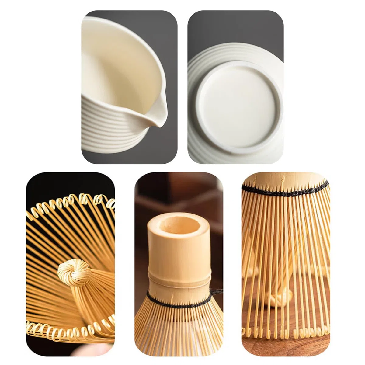 6 Piece Matcha Tea Set Beige Weiß,Matcha Besen Set, with Matcha Whisk, Matcha Broom,Matcha Schale,Matcha Bowl with Spout,Matcha Besen Halter,Bamboo Spoon,Perfect Matcha Starter Set,Japanisches Tee-Set