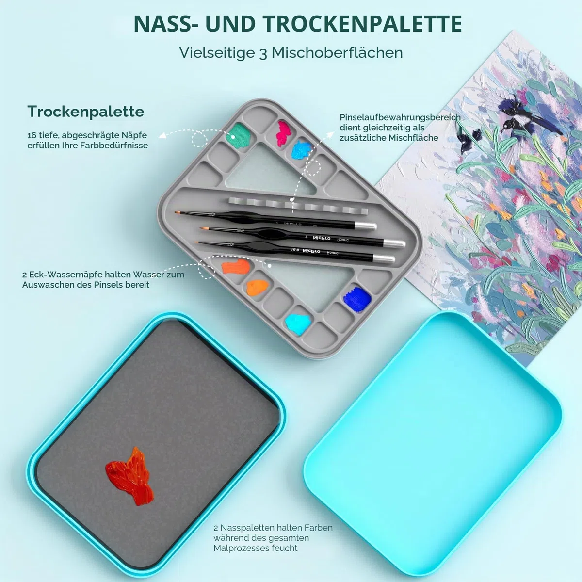 Nicpro Wet Palette für Mischpalette Acrylfarben, Farbtablett Nasspalette mit 100 Stück Palettenpapier, 4 Stück Schwämmen, Pinselhalter Farbmisch Aufbewahrung für Modellfarbe, DIY