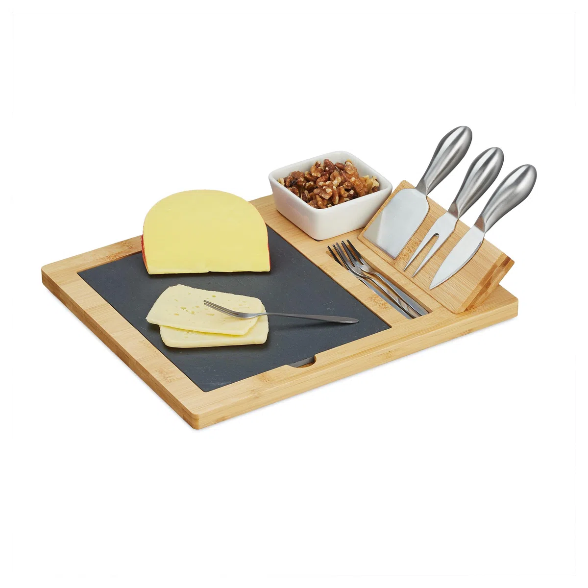 Relaxdays Käsebrett mit Schieferplatte, 3-TLG. Käsebesteck, Dipschale, 4X Serviergabel, Bambus Käseplatte, Natur/schwarz