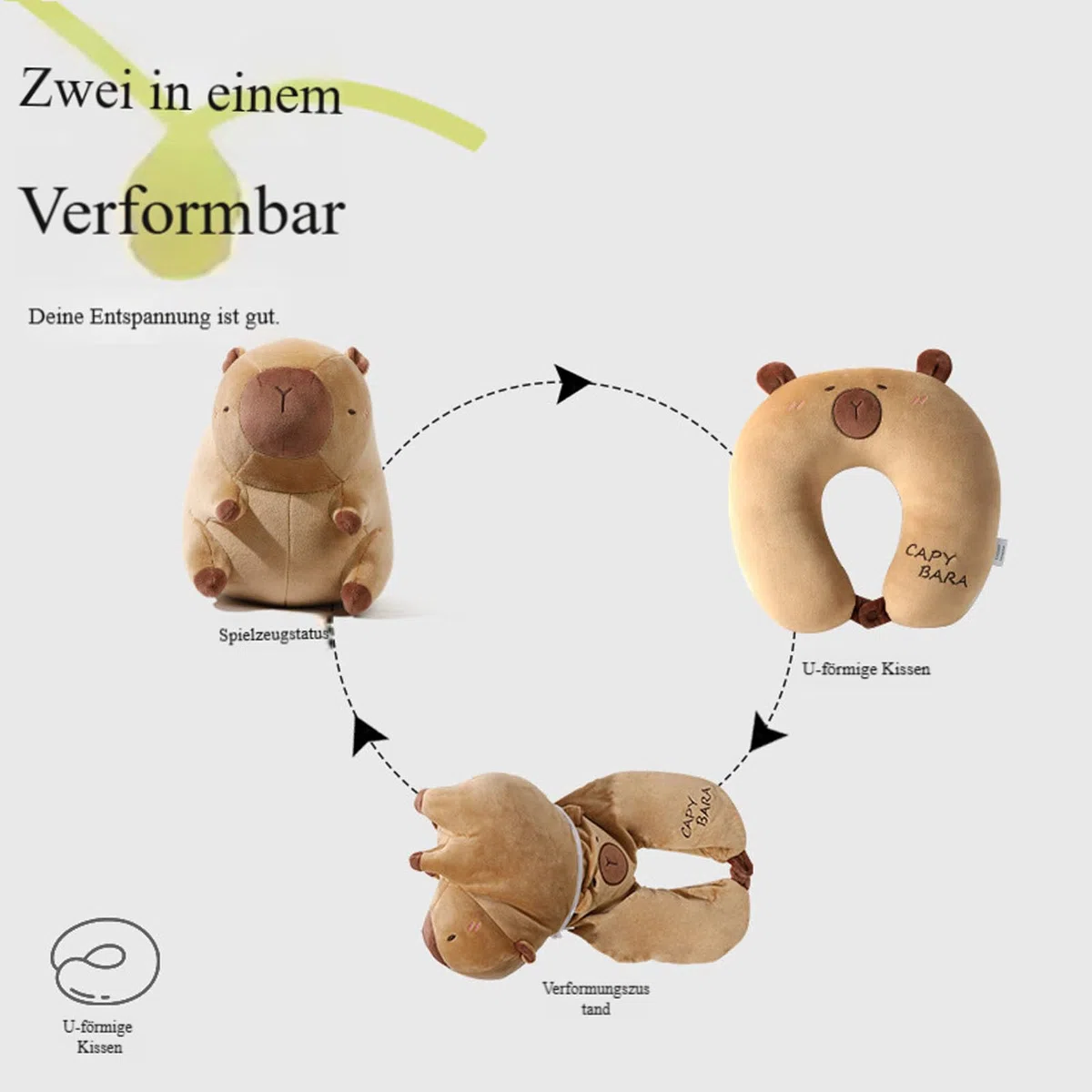 Capybara Nackenkissen, Kinder Reisekissen mit Capybara-Plüschtier, 2-in-1 Verwandlungsfähiges Wasserschweine U-förmiges Nackenhörnchen und Kuscheltier, für Auto Zug Büro Flugzeug (2-in-1 Plüsch-U)