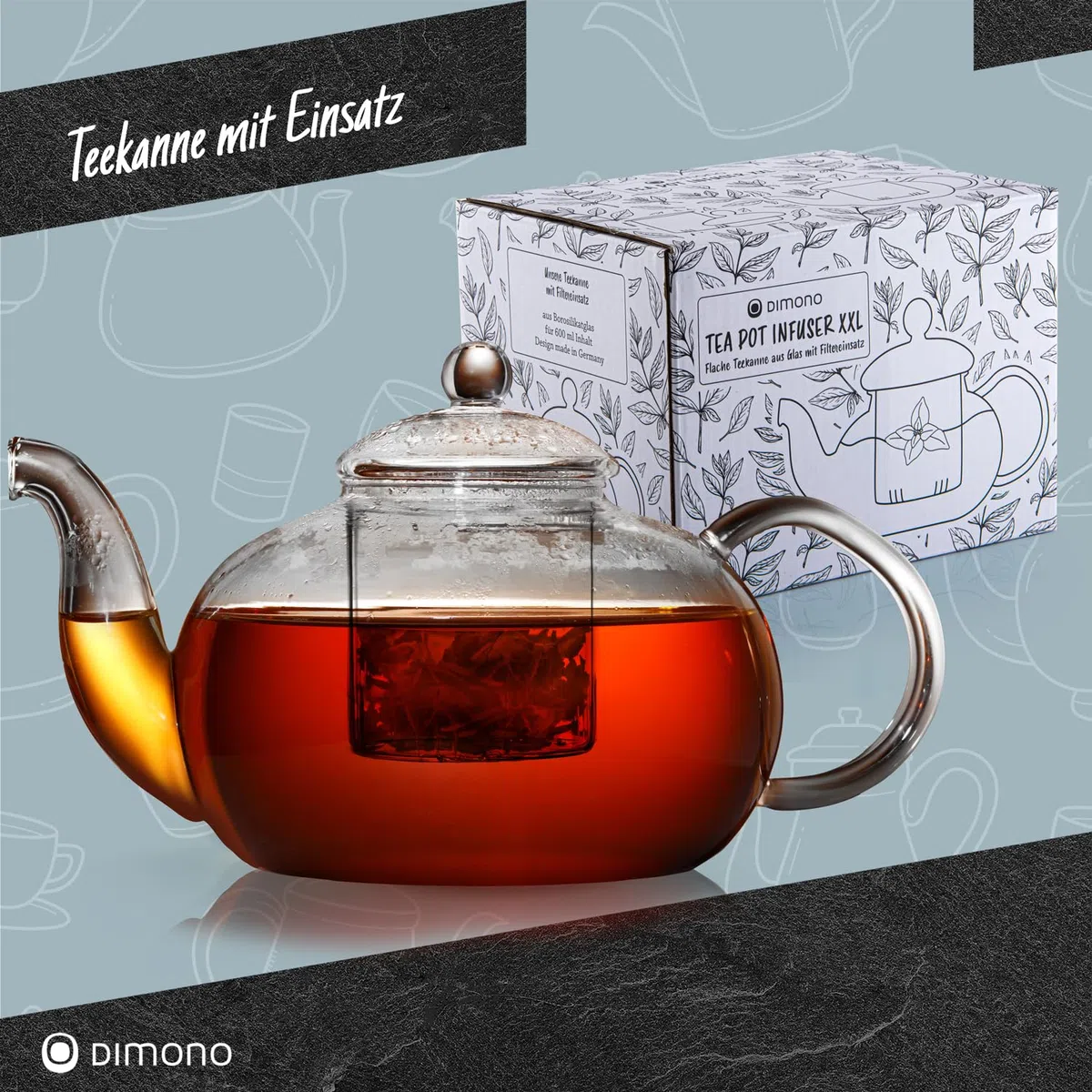 Mundgeblasene Teekanne mit Teefilter & Teesieb Kanne mit Filtereinsatz aus Glas von Dimono; 1500 ml