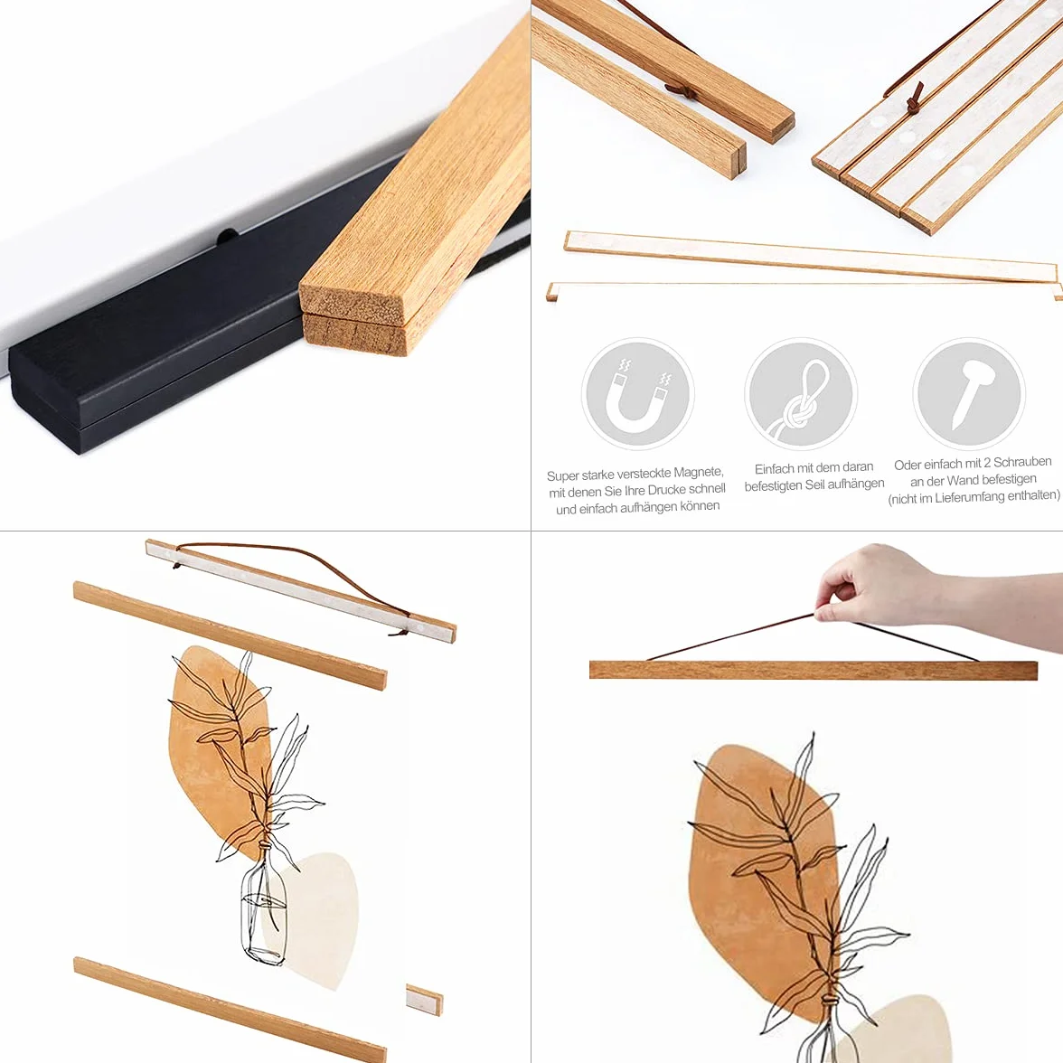 A1 Posterleiste Posterschiene Posterleisten 61CM, Magnet Magnetische Holz Poster Aufhänger Halter Rahmen Leisten Bilder Bild Bilderleiste Bilderrahmen 60x90 61x91.5 60x40 (61cm, Teak)