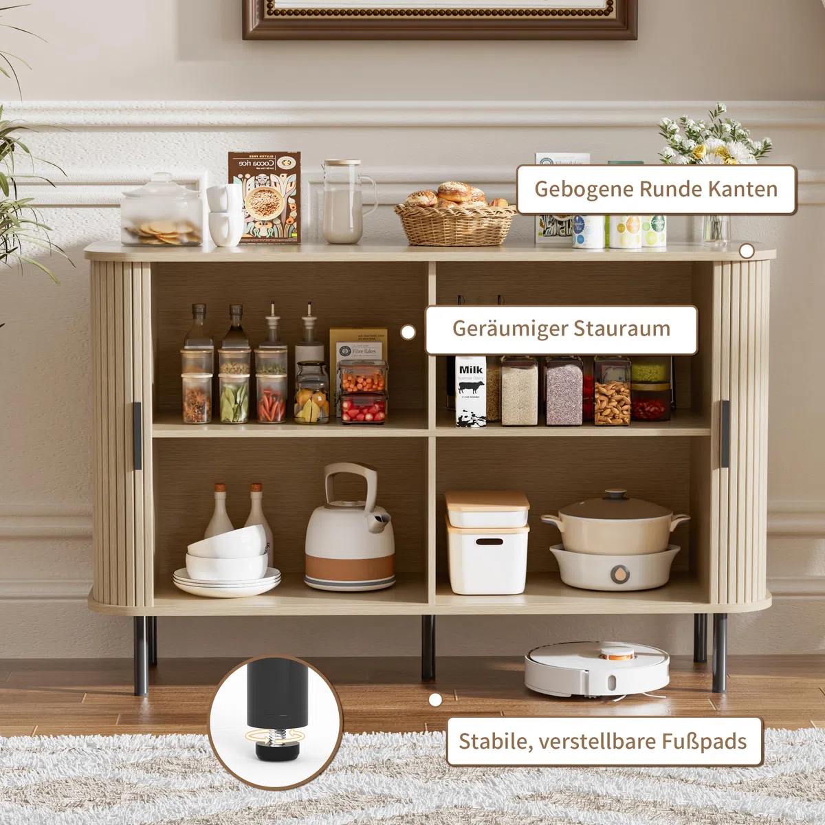 BonVache Gehäuseschrank, Aufbewahrungsschrank Buffet, Küchenschrank mit Schiebetür Trommel, Aufbewahrungseinheit für Salon Maison Esszimmer Moderne, Beige