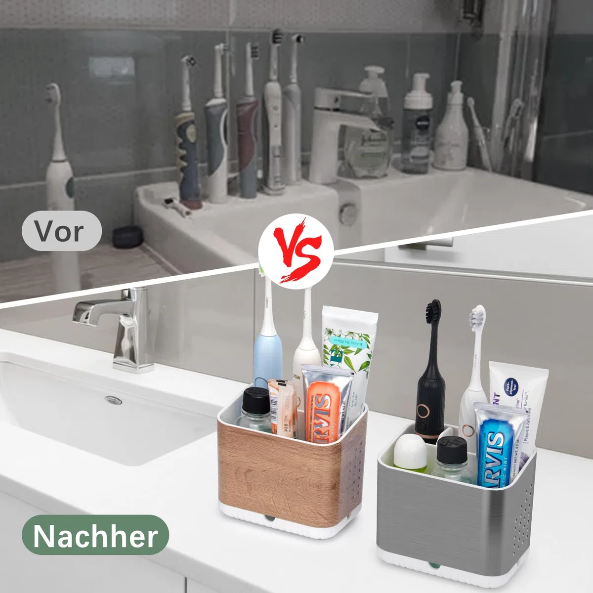 Zahnbürstenhalter Elektrische Zahnbürste mit Abflusslöchern Holzmaserung Zahnbürsten Aufbewahrung mit 4 Schlitzen Leicht zu Reinigen Zahnbürsten Organizer für Badezimmer