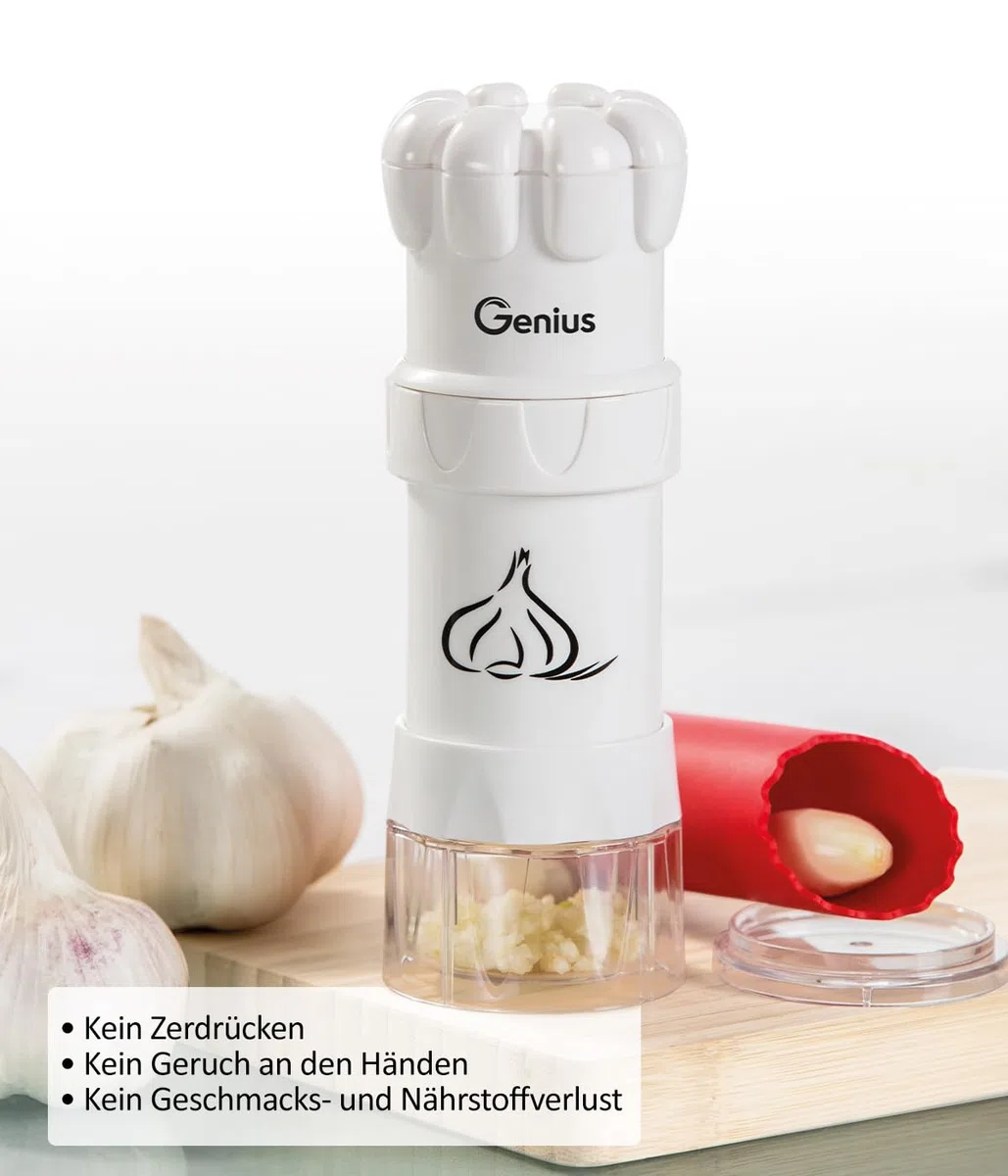 Genius Knoblauchpresse G5 3-tlg, Knoblauchschneider Garlic Press mit Auffangbehälter und Deckel, Knoblauch Crusher, Küchenschneider Spülmaschinenfest einfach zu reinigen, Weiß