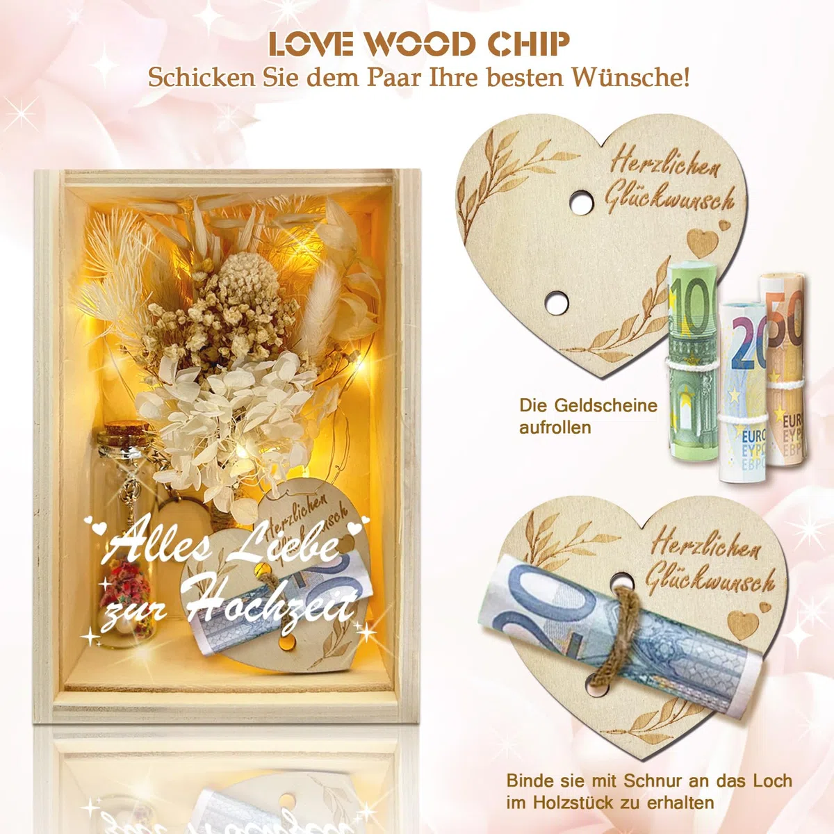 HILKKET Hölzerne Hochzeit Geschenk für Brautpaar, Geldgeschenk Hochzeit mit Ewige Blumen, Holzbox, Kunststoff Reagenzglas, Lichterketten, Wunschflasche, Garn, Hochzeitsgeschenke