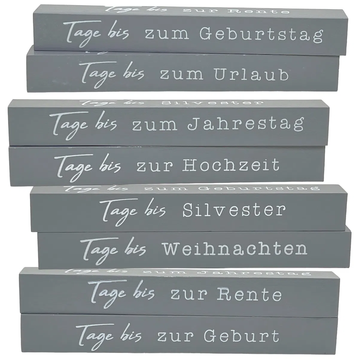 Jahres Countdown Kalender Würfel aus Holz mit Themenleiste - Dauer-Jahre-Tisch-Kalender - Lückenlose Tagezählung bis zu 432 Tagen für Hochzeiten, Geburtstage, Prüfungen und mehr (Grau)