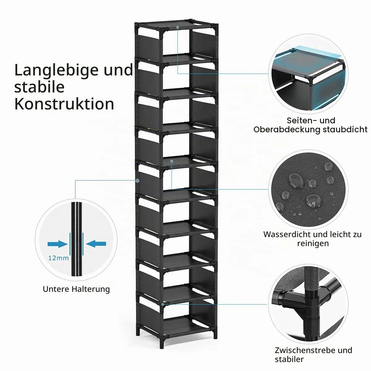 esonstyle Schmaler Schuhregal 10 Ebenen, Platzsparender Schuhschrank, 158 x 33 x 28 cm, Metallgestell, Einlegeböden aus Vliesstoff, geeignet für Wohnzimmer,Eingangsbereich, Flur, Garderobe, Ecke