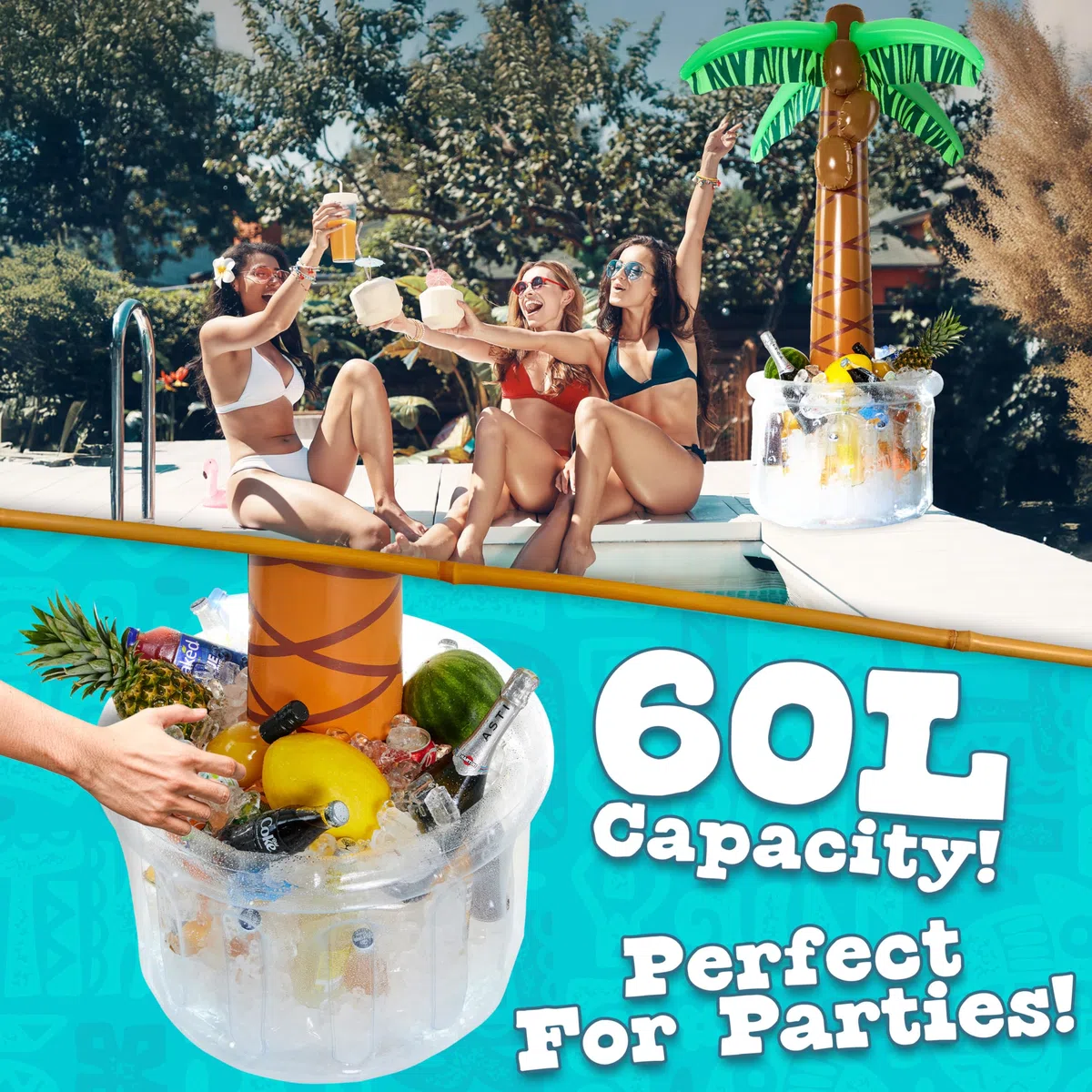 KreativeKraft Eiswürfelbehälter 60L Aufblasbare Palme für Eiswürfel Flaschenkühler Bier Wein für Sommer Party Deko Strand Garten Pool Zubehör