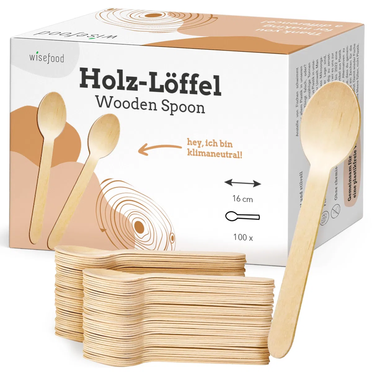 wisefood Einweglöffel aus Birkenholz, 500 Stück Einweg Holzlöffel 16cm flach, Biologisch abbaubares Einwegbesteck, Natürlich, stabil, umweltfreundlich