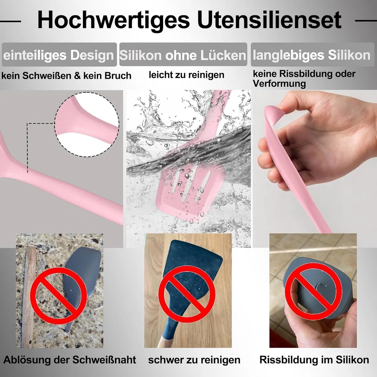 12 Stück Küchenhelfer Set, Silikon Küchenutensilien, Antihaftbeschichtet Kochlöffel Set mit Utensilienhalter, Geeignet Für Kochen (Rosa)