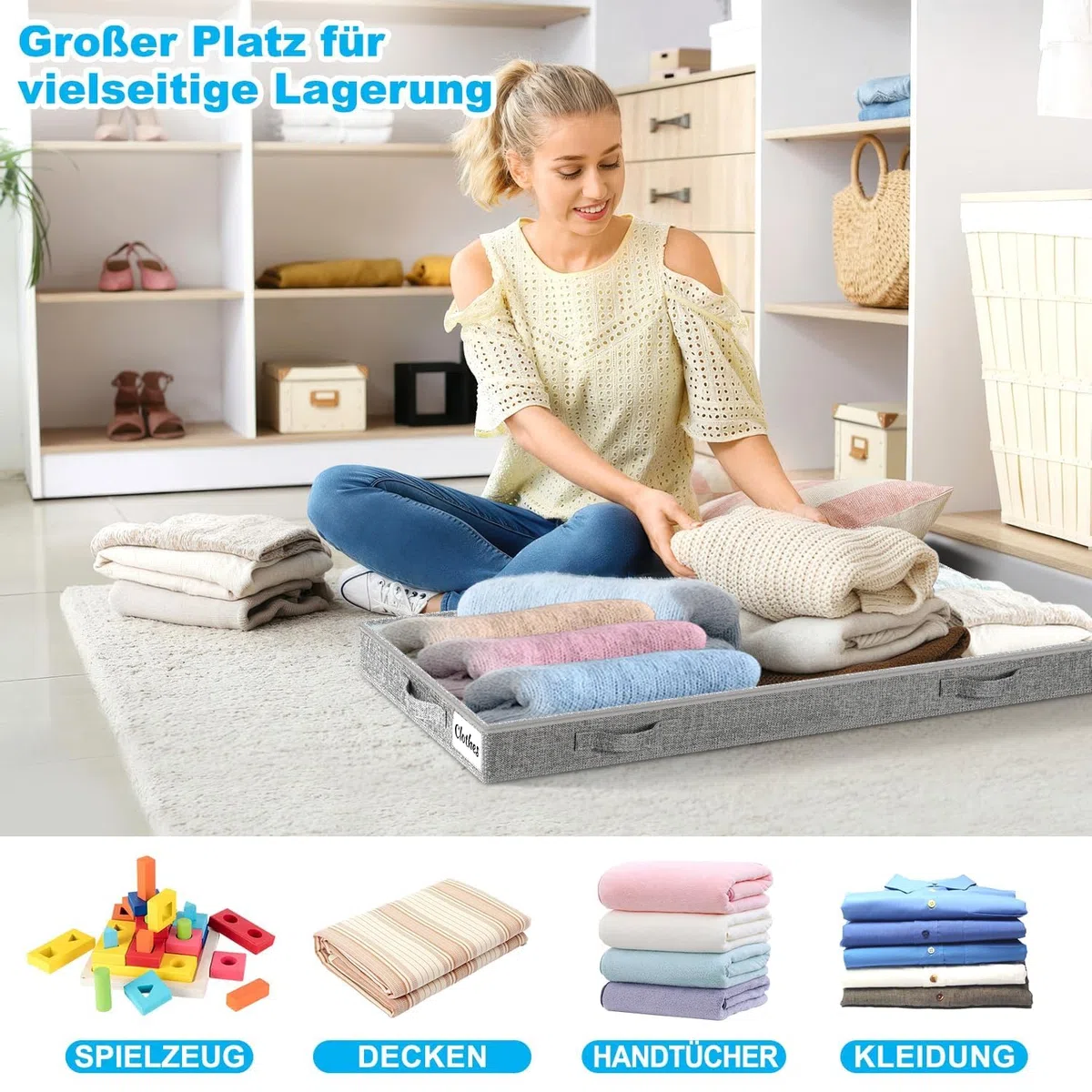 Unterbett Aufbewahrungsbox 2 Stück Unterbettkommode und klarem Deckel, 10cm hoch Kleideraufbewahrung & Organisation aus langlebigem Material, ohne feste Struktur, 4 Griffen & 2 Reißverschluss, Faltbar