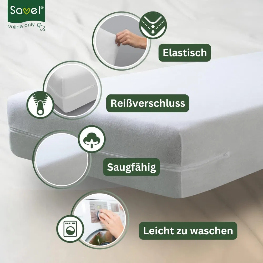 SAVEL, Matratzenbezug aus 100% Baumwollfrottee, elastisch, anpassungsfähig, hochabsorbierend (Größe 90x190/200cm, Weiß)