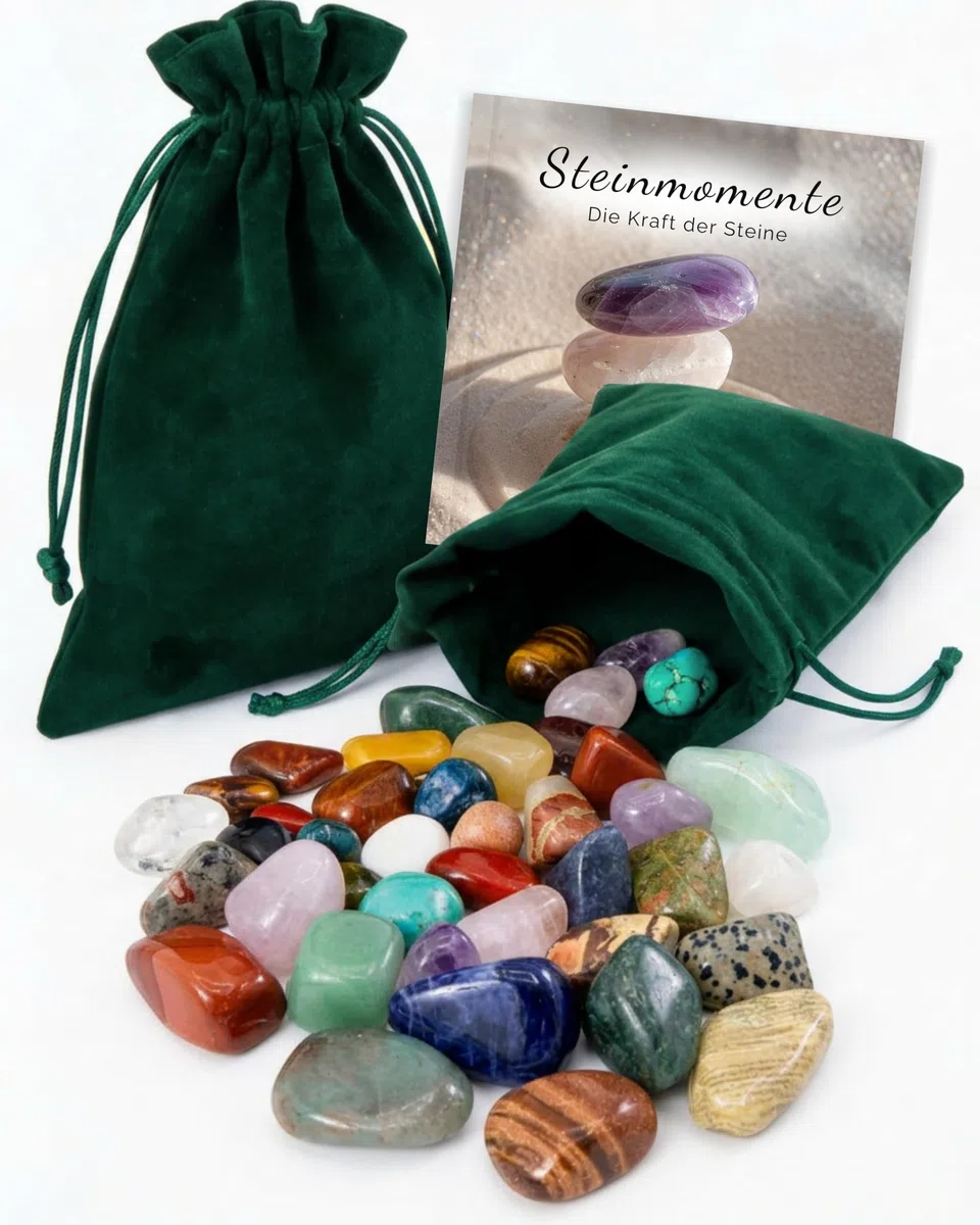 SoSi Edelsteinmix im grünen Samtbeutel, min. 30 echte Trommelsteine 2-3cm, 450g, Glückssteine, Halbedelsteine, Heilsteine, Amethyst, Tigerauge, Rosenquarz inkl. Buch „Steinmomente